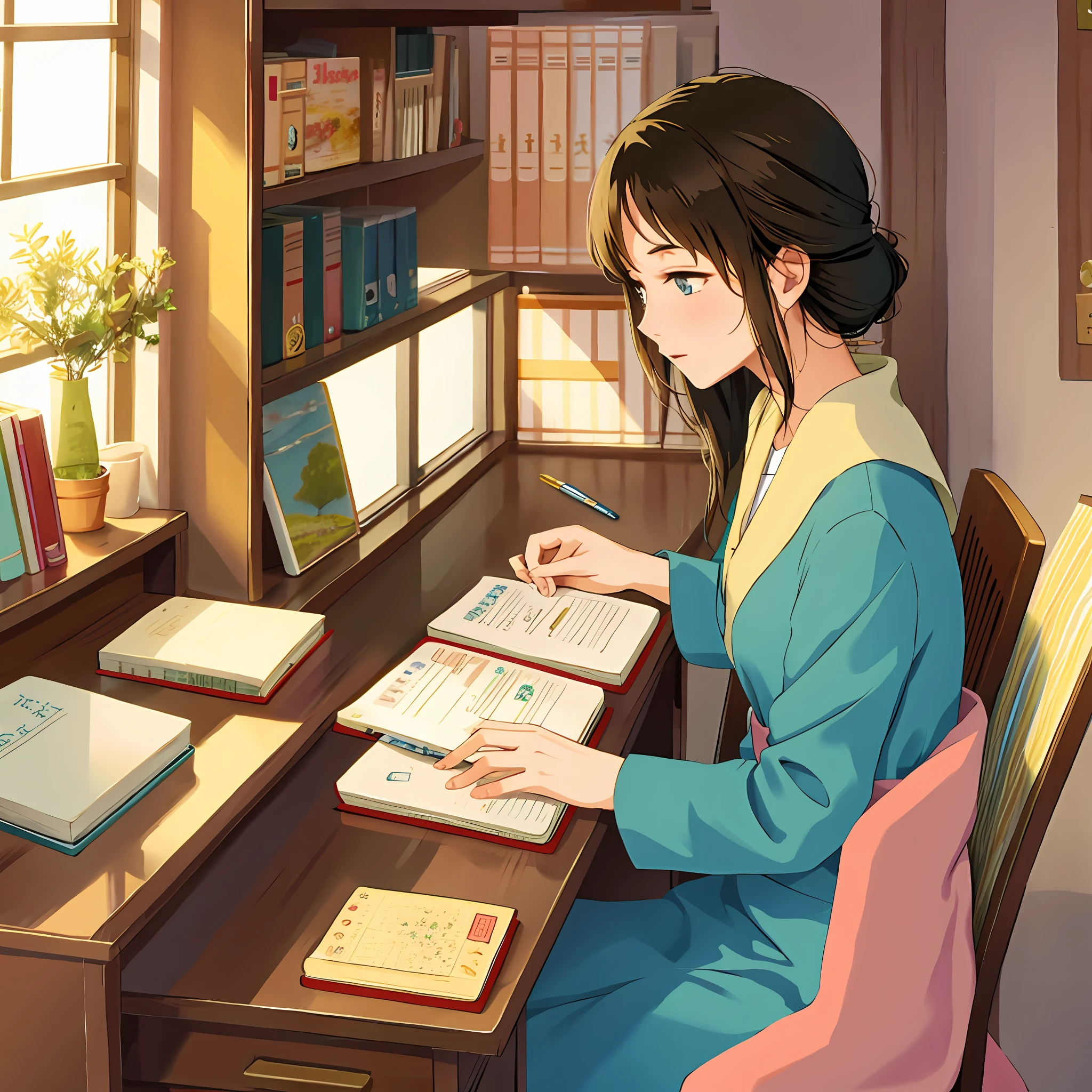 Ghibli art, one girl, diary at study desk