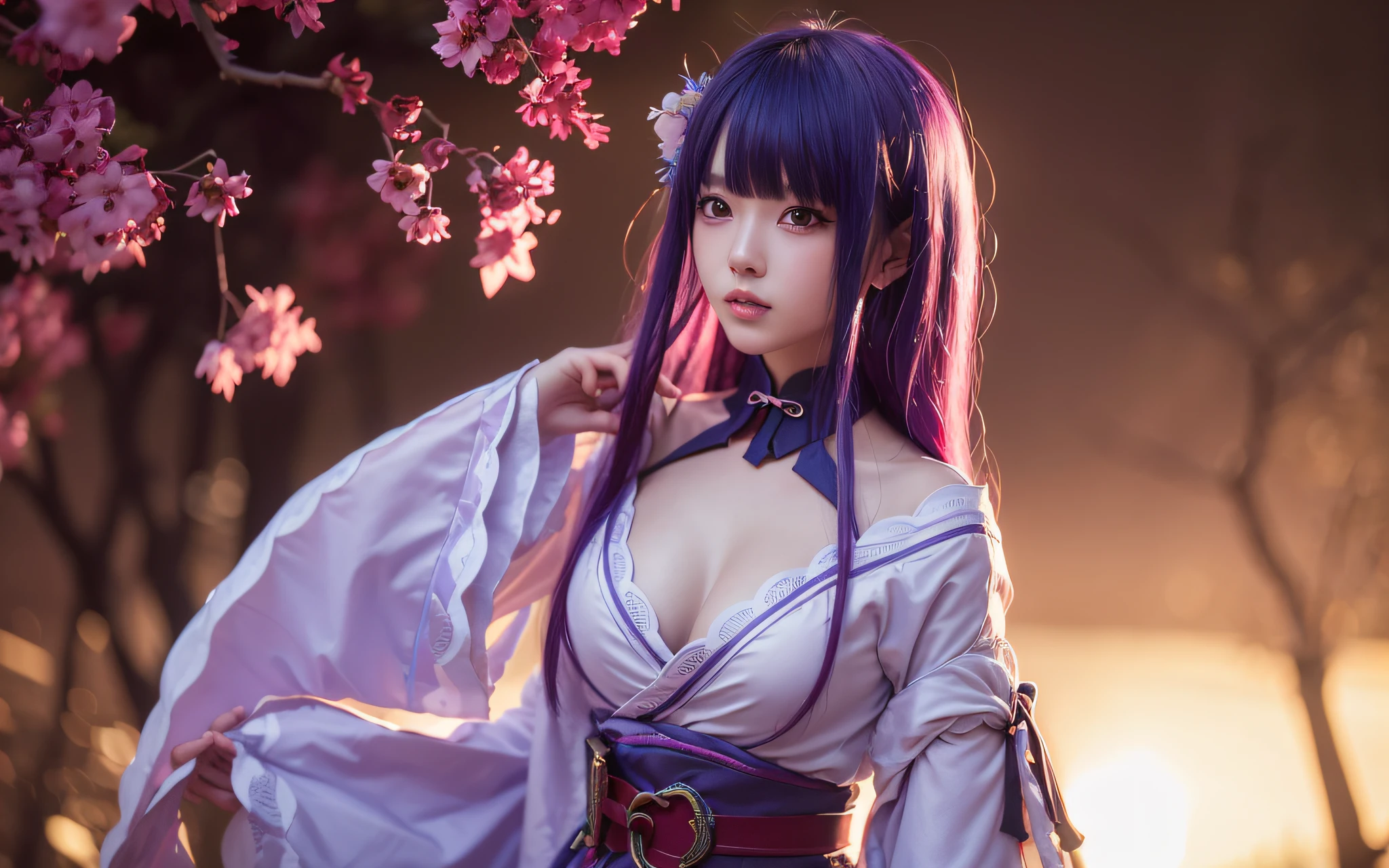 Raiden General Fine clothes White clothes Blunt bangs Braided (mid-chest: 1.4) cleavage Wide sleeve kimono Hair accessories Day clothes (red belt: 1.4) (light purple hair: 1.4) Very long hair, straight hair, delicate face, cold face, (smooth chin: 0.85), looking at the audience, beautiful eyes, detailed eyes, skirt, (sunset: 1.4), from the side, (cherry tree: 1.5), photon mapping, physically based rendering, RAW photos, highly detailed background, (Real photo: 1.35), high resolution, perspective, front, (ulzzang-6500: 0.4)