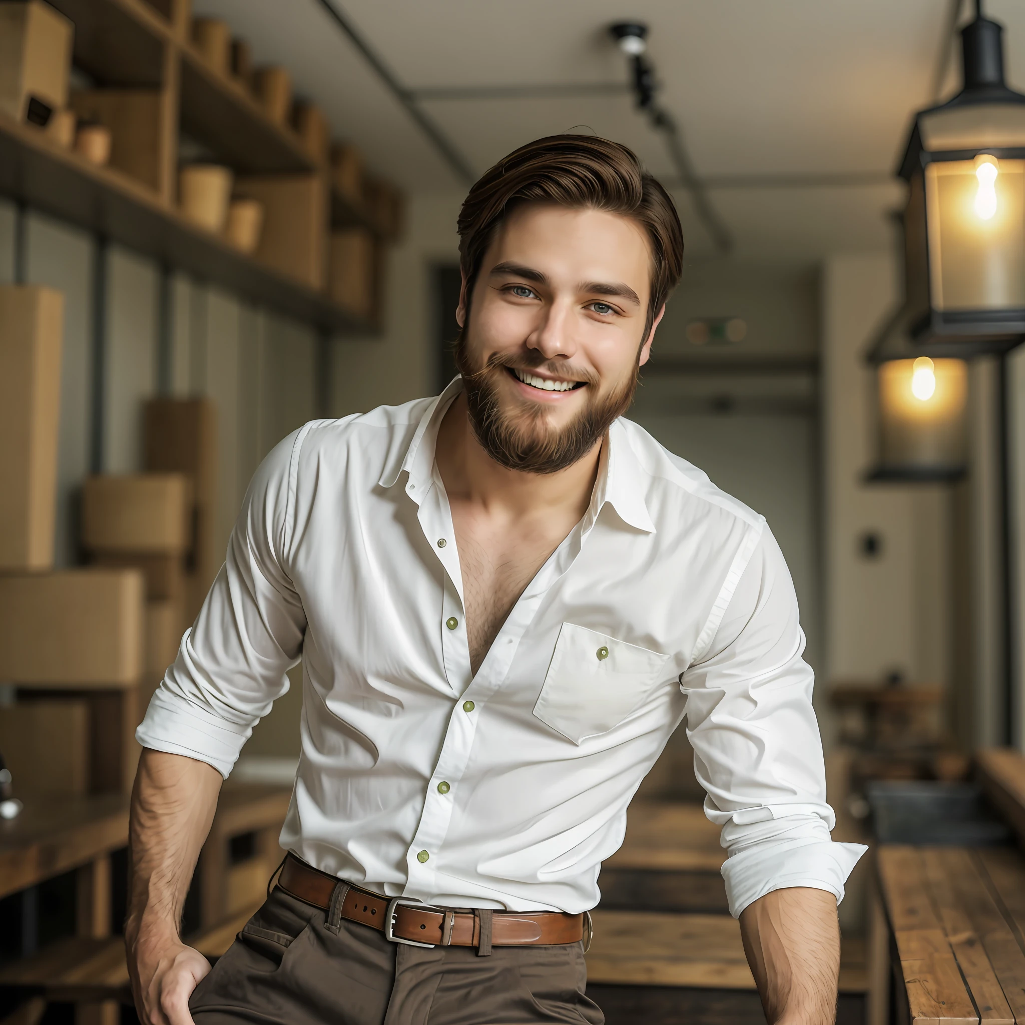 Man with very masculine features, brown hair, greenish eyes, smiling, white shirt with closed buttons, fleshy lips, facing forward, handsome, posing for a photo, friendly, gentle., with beard to do. --auto --s2
