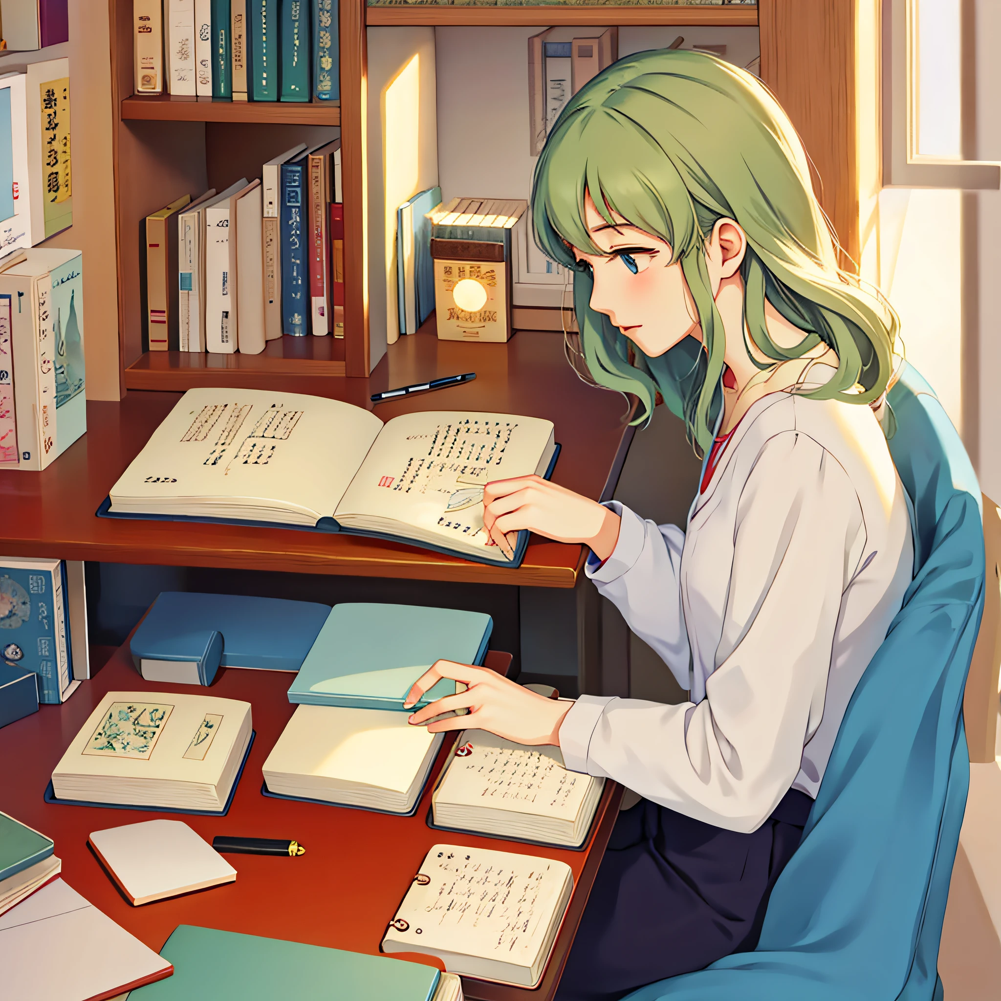 Ghibli art, one girl, diary at study desk