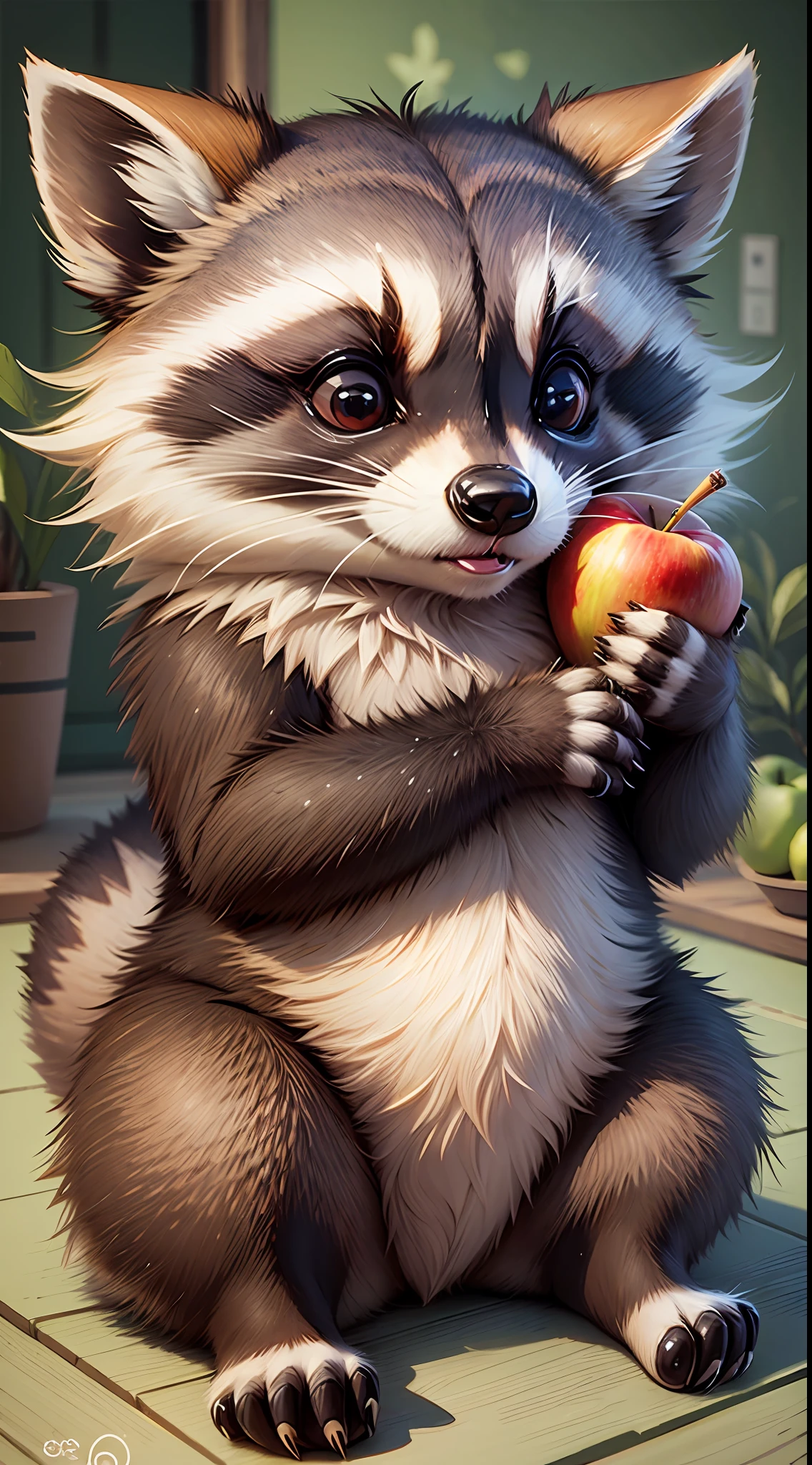 Pencil illustration of a cute raccoon, clutching an apple, highest quality 8k --auto --s2