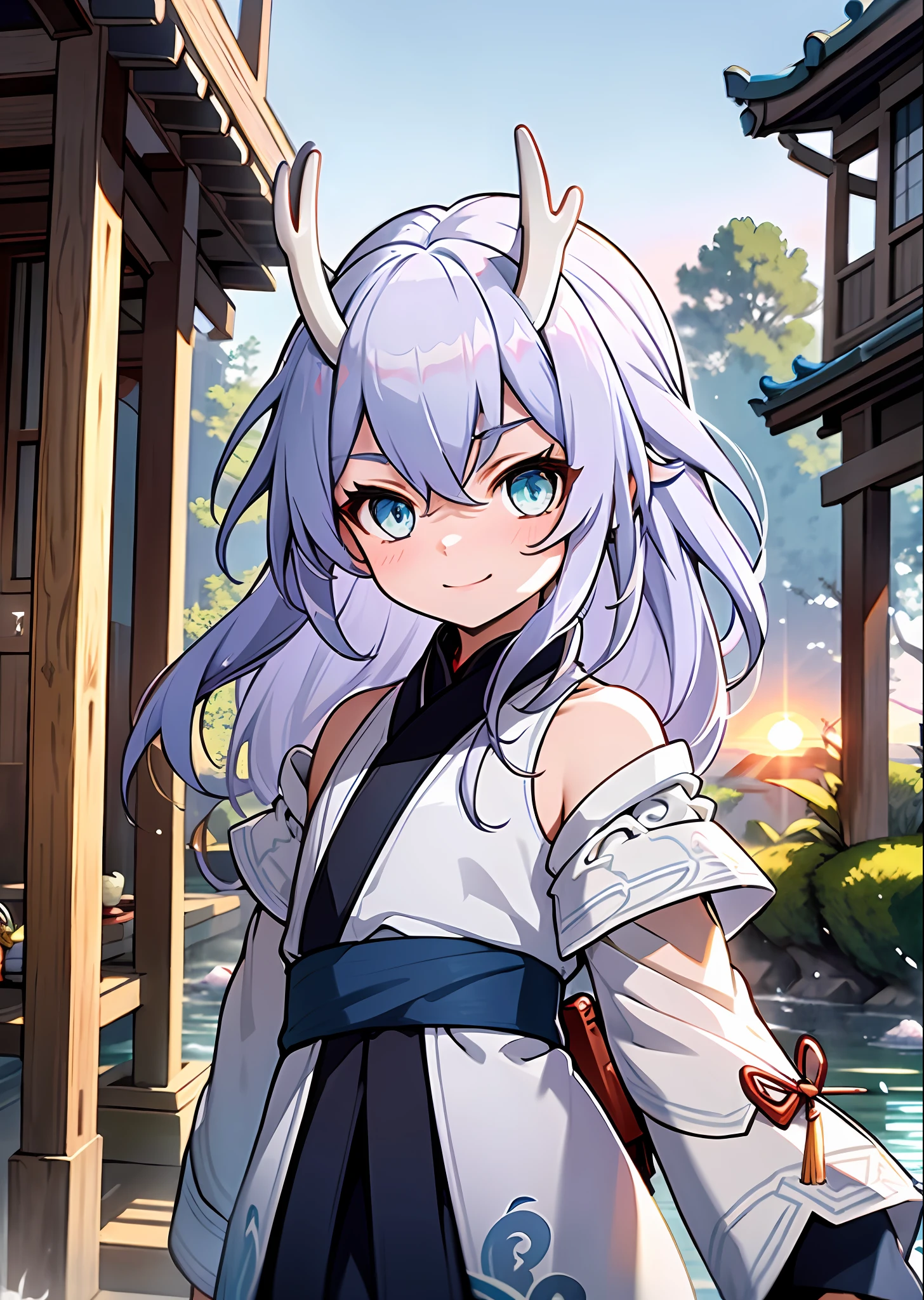 (Best Quality: 1.3), (Masterpiece: 1.3), (Illustration: 1.3), (Ultra Detail: 1.3), (Imid Shot: 0.9), 1girl, Solo, Very Young, Upper Body, Short Neck, Small Breast, Child, Dragon Tail, Girl, Blue Eyes, Jewel Eyes, Shut Up, Smile, Happy, Naughty Face, Water Element, Ancient Garden, Pavilion, Two Delicate White Dragon Horns on the Head, White and Blue Hanfu, Oriental Dragon, Little Dragon Man, Sunset and Solitary Crane Flying Together, Forked Waist