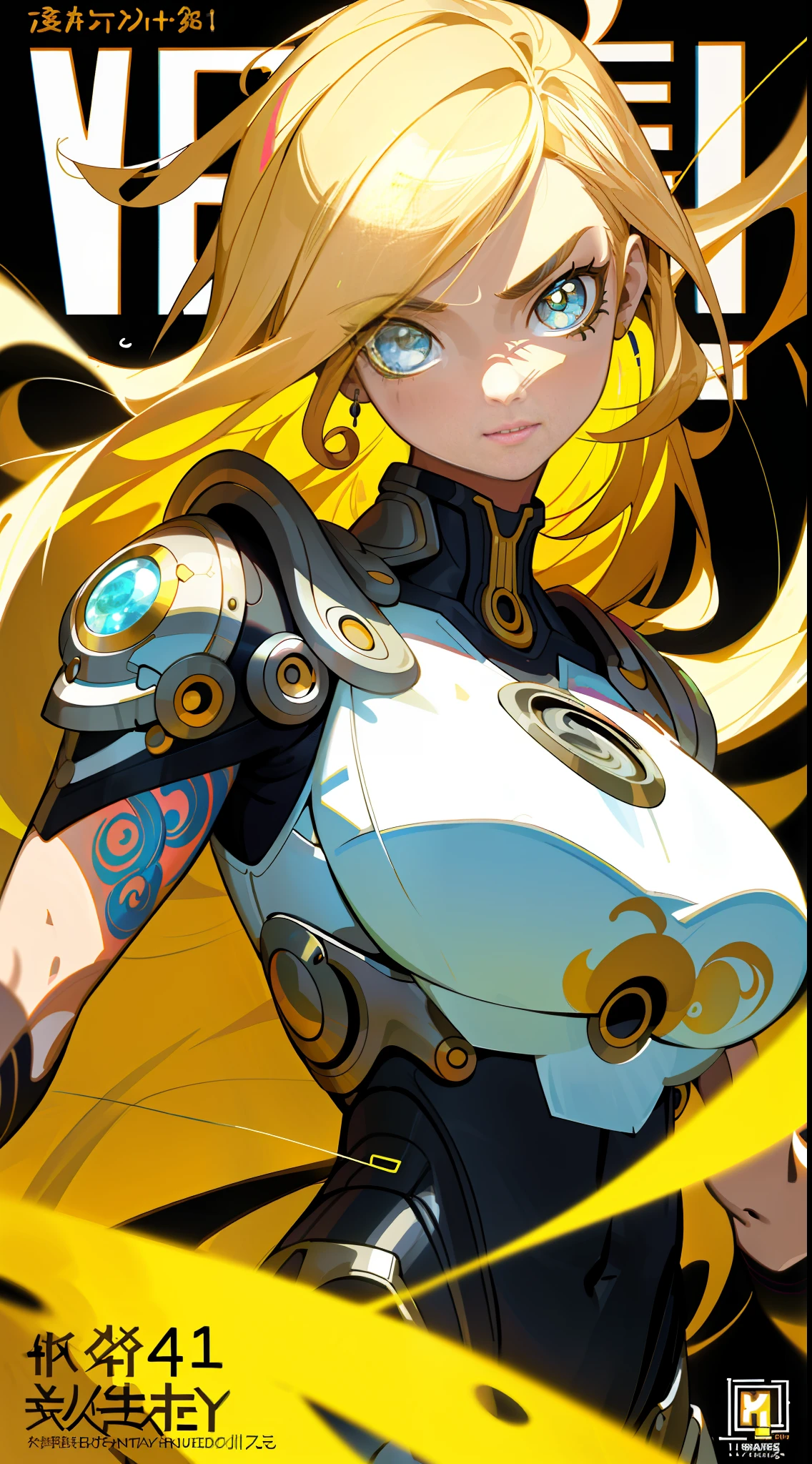 (best quality, masterpiece), 1girl, pose, particle, wind, flower, upper body, simple background, looking at the viewer, blonde, galaxy,background, mixed-language_text, Japanese letters in graffit,girls, long blonde hair, excellent lighting, sidelighting, perfect ultimate (flat color: 1.3), (magazine_cover: 1.4), (multicolored_background: 1.3), striped_background, card_background, :: comix style by joe madureira :: circular pieces of white metals glued to the arms Ultra detailed coming out sparkling brightness, perfect and detailed, ultra detailed shirt with abstract design and with Japanese letters print in graffit of the sides of the clothes, image of girls with big breast, on top of a futuristic motorcycle, with immersive effects, hover effect, background graffiti style tribal tattoo with flowers and vibrant colors, "Ultra HDR" detailed and with focus effect,  (masterpiece: 1.2, best quality), (beautiful eyes with huge eyelashes finely detailed: 1.2), , ((Solo)), (Finely detailed eyes and detailed face:1.3), in various full-body attack poses, (cute background: 1.2),futuristic costume, super detailed circular metals Clinging to arms and pants, fantastic paintings