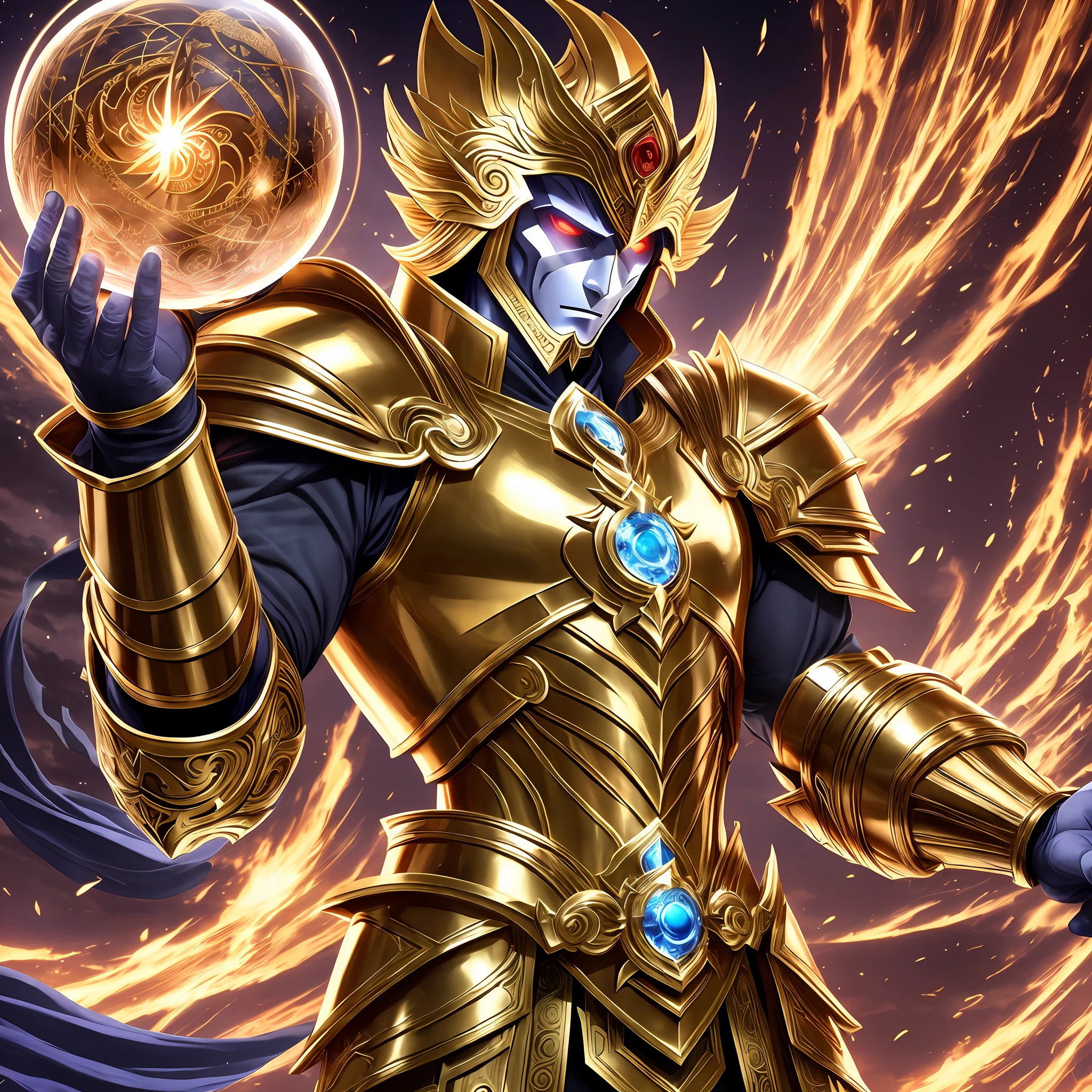 an image of a man in armor holding a sphere of power, dream emperor of Greek mythology, king of the time reaper, beautiful male god, shadowverse style, oneiros of saint seiya, best quality, 8k, vector --auto --s2