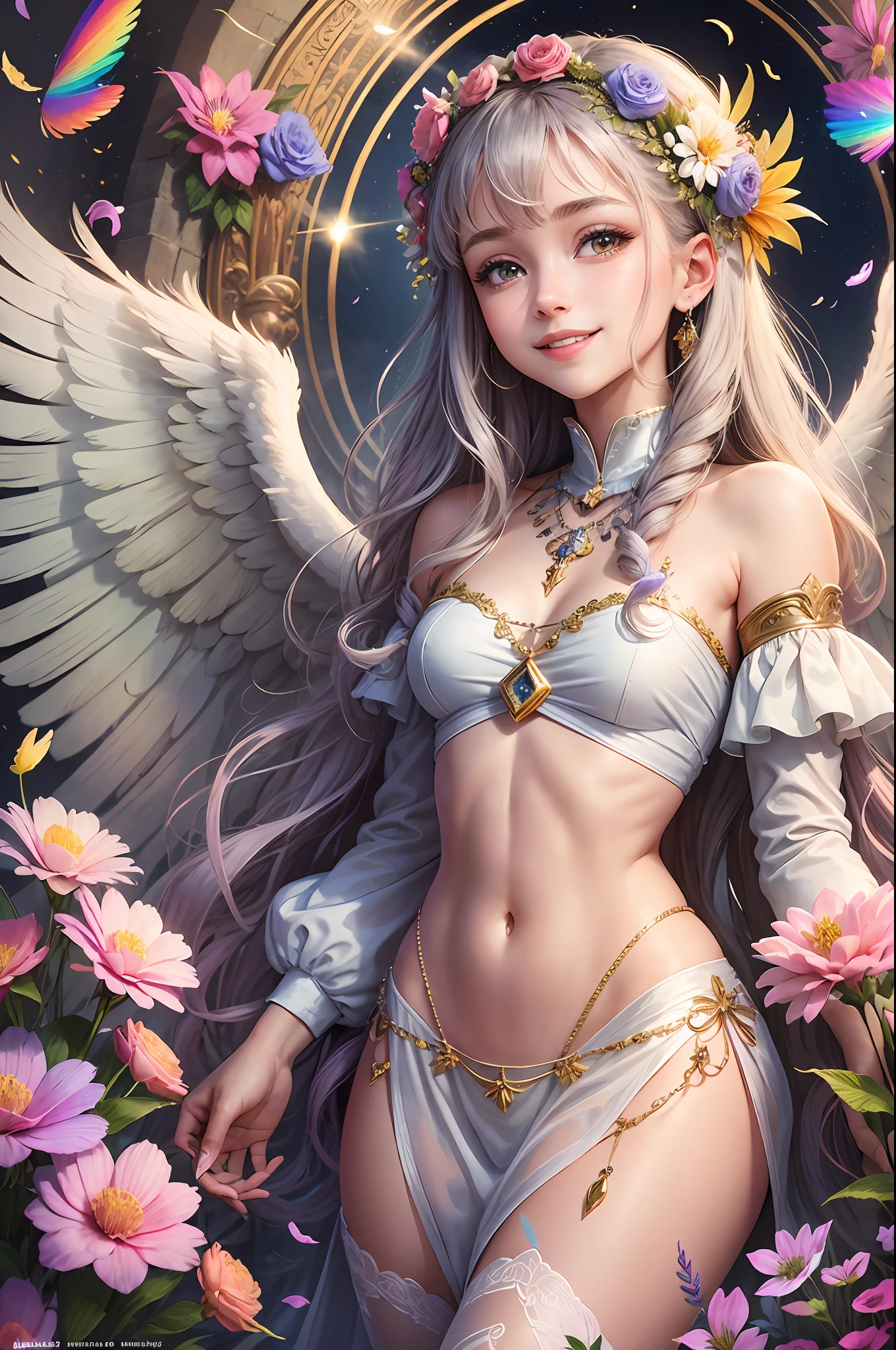 Always with angels, security, security, happiness, radiance, light, fantastic, flowers, rainbow, glitter, smile, feathers, heaven, heaven, medieval --auto --s2