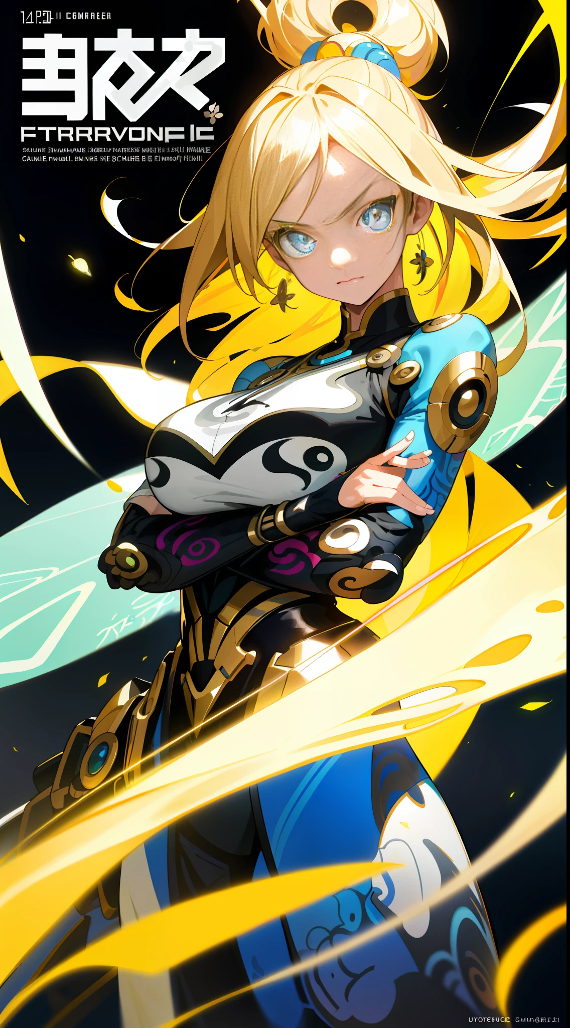 (best quality, masterpiece), 1girl, pose, particle, wind, flower, upper body, simple background, looking at the viewer, blonde, galaxy,background, mixed-language_text, Japanese letters in graffit,girls, long blonde hair, excellent lighting, sidelighting, perfect ultimate (flat color: 1.3), (magazine_cover: 1.4), (multicolored_background: 1.3), striped_background, card_background, :: comix style by joe madureira :: circular pieces of white metals glued to the arms Ultra detailed coming out sparkling brightness, perfect and detailed, ultra detailed shirt with abstract design and with Japanese letters print in graffit of the sides of the clothes, image of girls with big breast, on top of a futuristic motorcycle, with immersive effects, hover effect, background graffiti style tribal tattoo with flowers and vibrant colors, "Ultra HDR" detailed and with focus effect, (masterpiece: 1.2, best quality), (beautiful eyes with huge eyelashes finely detailed: 1.2), , ((Solo)), (Finely detailed eyes and detailed face:1.3), in various full-body attack poses, (cute background: 1.2),futuristic costume, super detailed circular metals Clinging to arms and pants, fantastic paintings