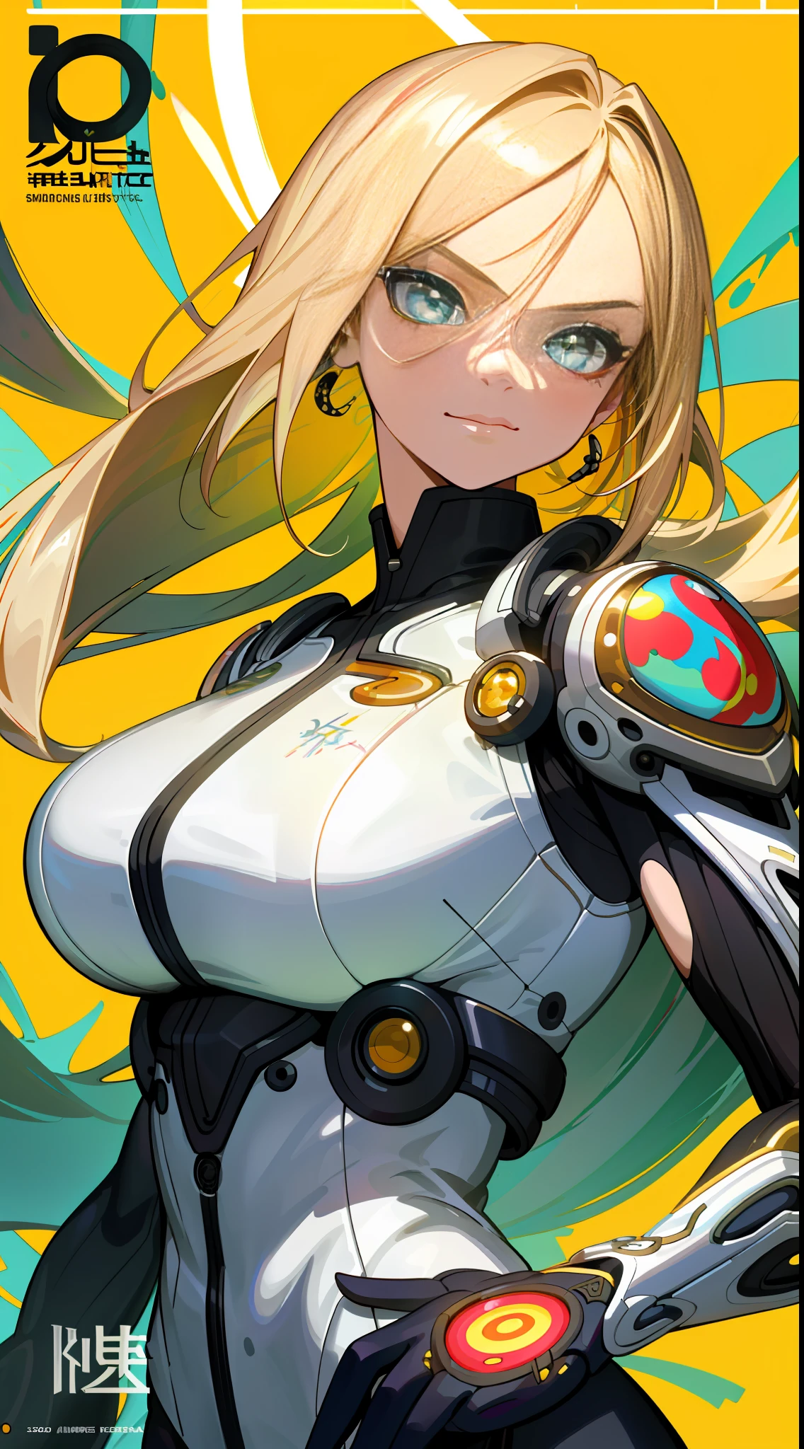 (best quality, masterpiece), 1girl, pose, particle, wind, flower, upper body, simple background, looking at the viewer, blonde, galaxy,background, mixed-language_text, Japanese letters in graffit,girls, long blonde hair, excellent lighting, sidelighting, perfect ultimate (flat color: 1.3), (magazine_cover: 1.4), (multicolored_background: 1.3), striped_background, card_background, :: comix style by joe madureira :: circular pieces of white metals glued to the arms Ultra detailed coming out sparkling brightness, perfect and detailed, ultra detailed shirt with abstract design and with Japanese letters print in graffit of the sides of the clothes, image of girls with big breast, on top of a futuristic motorcycle, with immersive effects, hover effect, background graffiti style tribal tattoo with flowers and vibrant colors, "Ultra HDR" detailed and with focus effect, (masterpiece: 1.2, best quality), (beautiful eyes with huge eyelashes finely detailed: 1.2), , ((Solo)), (Finely detailed eyes and detailed face:1.3), in various full-body attack poses, (cute background: 1.2),futuristic costume, super detailed circular metals Clinging to arms and pants, fantastic paintings