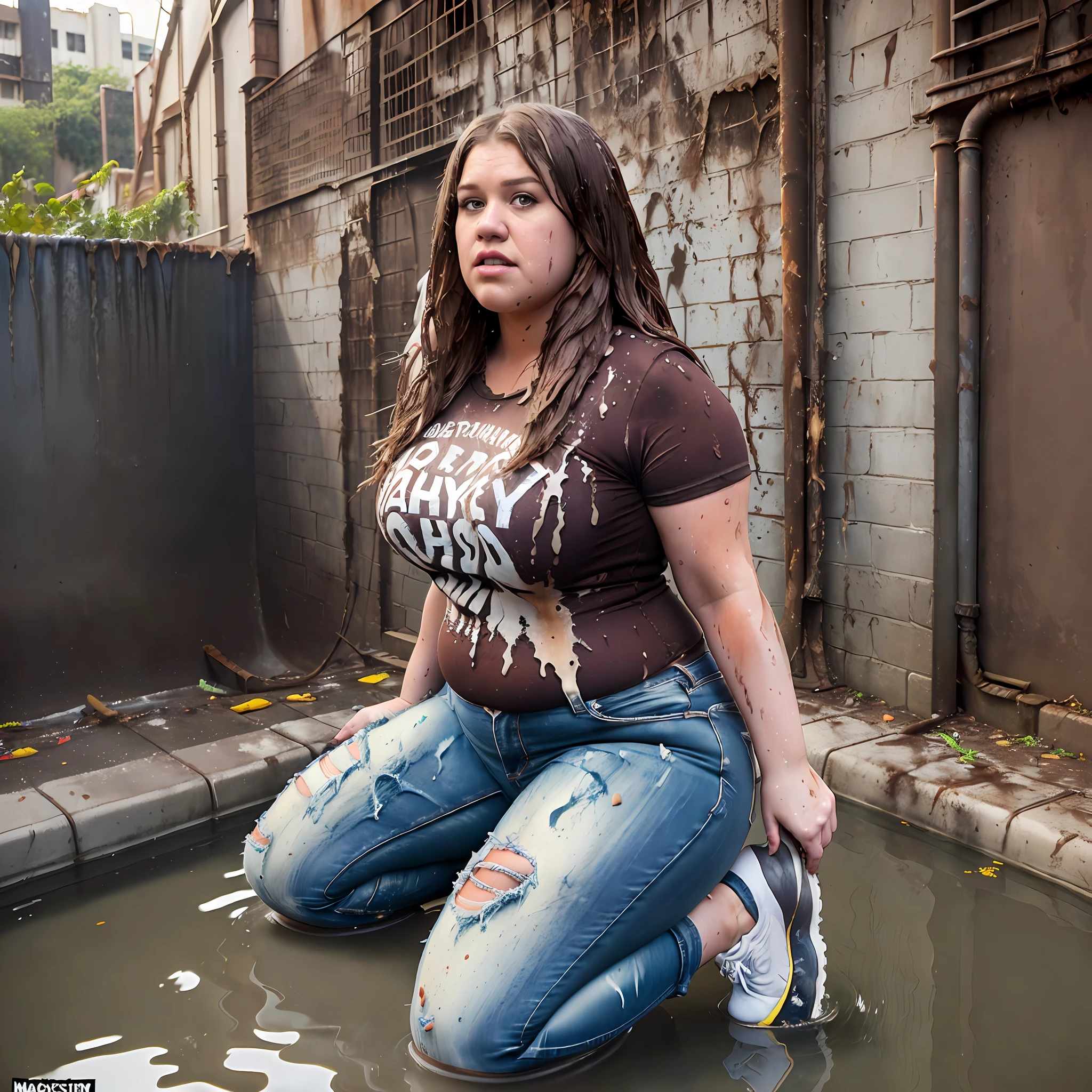 ((Overweight)) ((chubby)), Kelly Clarkson, small breasts, long brown hair, wearing dark jeans, t-shirt, runners, subject kneeling in sewerage water ((messy clothes:1.1)) (((full body shot))) (((full length))) (((view side on))) (masterpiece) ((cinematic look))