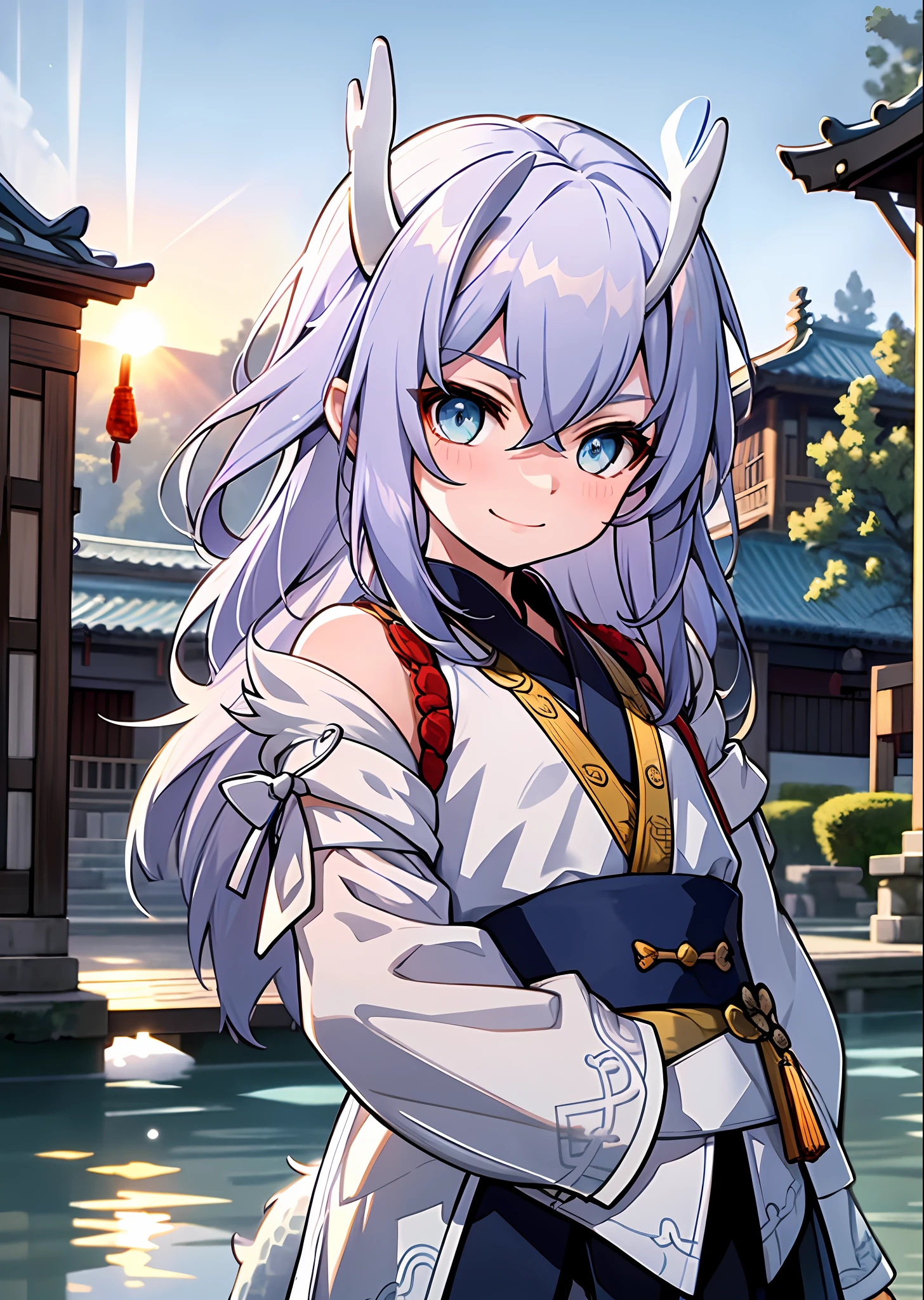 (Best Quality: 1.3), (Masterpiece: 1.3), (Illustration: 1.3), (Ultra Detail: 1.3), (Imid Shot: 0.9), 1girl, Solo, Very Young, Upper Body, Short Neck, Small Breast, Child, Dragon Tail, Girl, Blue Eyes, Jewel Eyes, Shut Up, Smile, Happy, Naughty Face, Water Element, Ancient Garden, Pavilion, Two Delicate White Dragon Horns on the Head, White and Blue Hanfu, Oriental Dragon, Little Dragon Man, Sunset and Solitary Crane Flying Together, Forked Waist