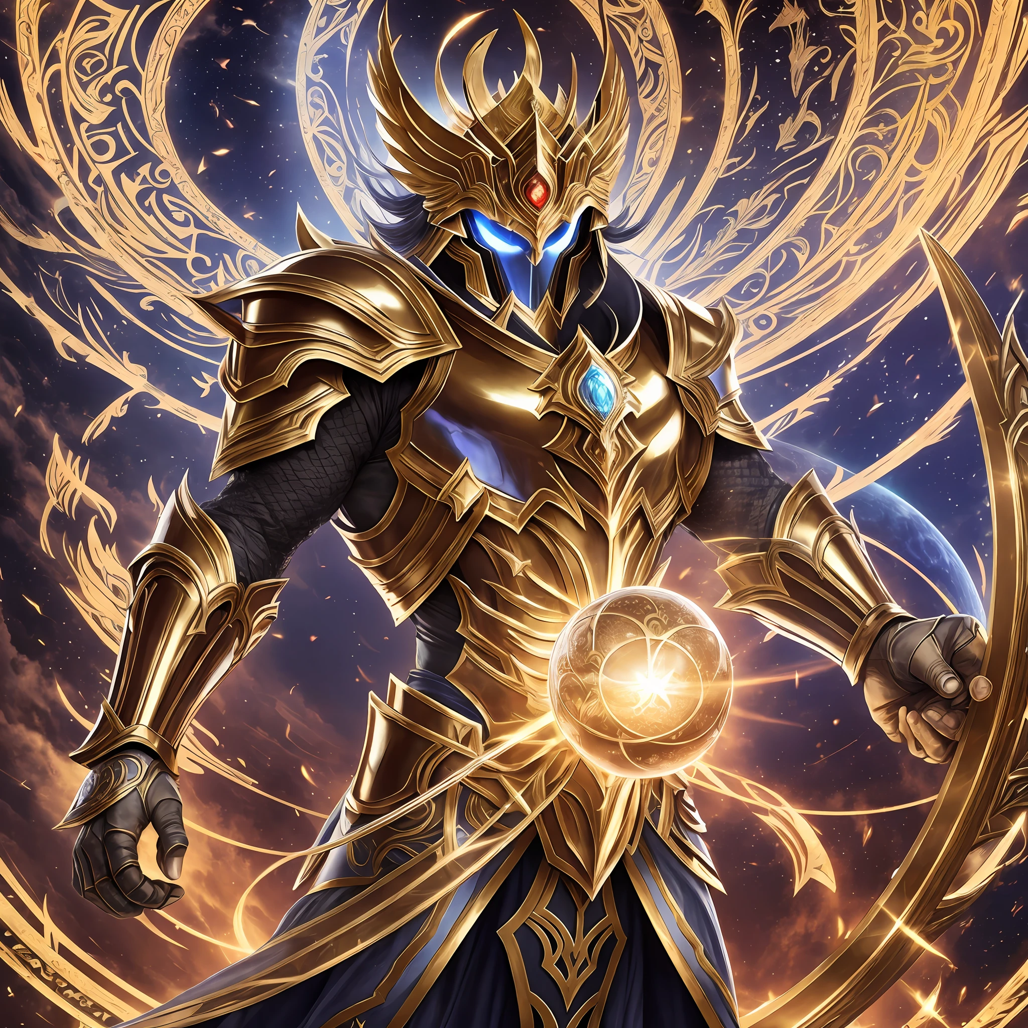 an image of a man in armor holding a sphere of power, dream emperor of Greek mythology, king of the time reaper, beautiful male god, shadowverse style, oneiros of saint seiya, best quality, 8k, vector --auto --s2