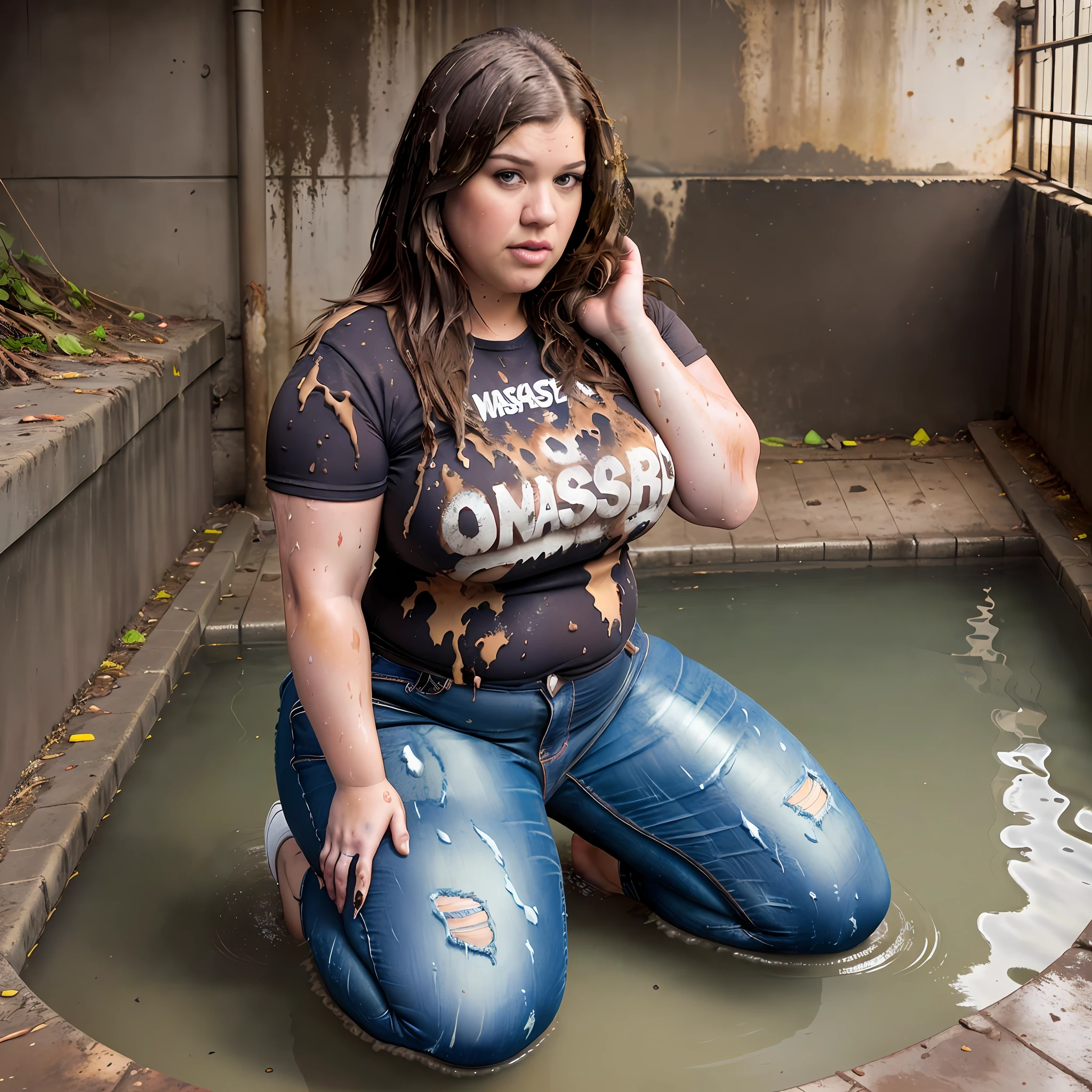 ((Overweight)) ((chubby)), Kelly Clarkson, small breasts, long brown hair, wearing dark jeans, t-shirt, runners, subject kneeling in sewerage water ((messy clothes:1.1)) (((full body shot))) (((full length))) (((view side on))) (masterpiece) ((cinematic look))