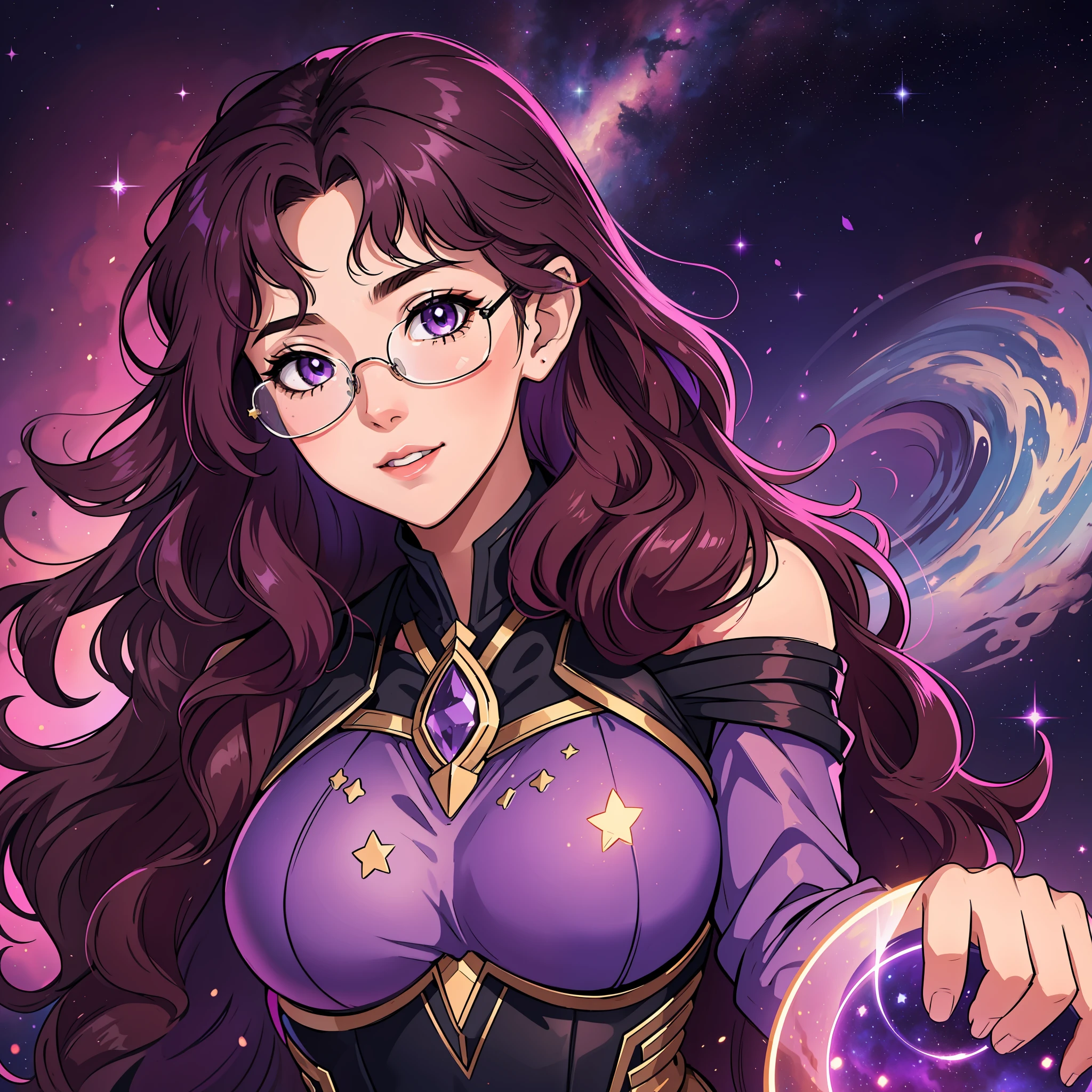 Create a woman with unique characteristics, inspired by the sign of Sagittarius and the cosmological stars An artistic representation of the essence of this sign, with striking features and a mysterious aura, leave in evidence feminine traits and use mystical shades of purple and purple along with magical lights, wavy and voluminous curly brown hair and a confident smile, She wears prescription glasses and a clear lens