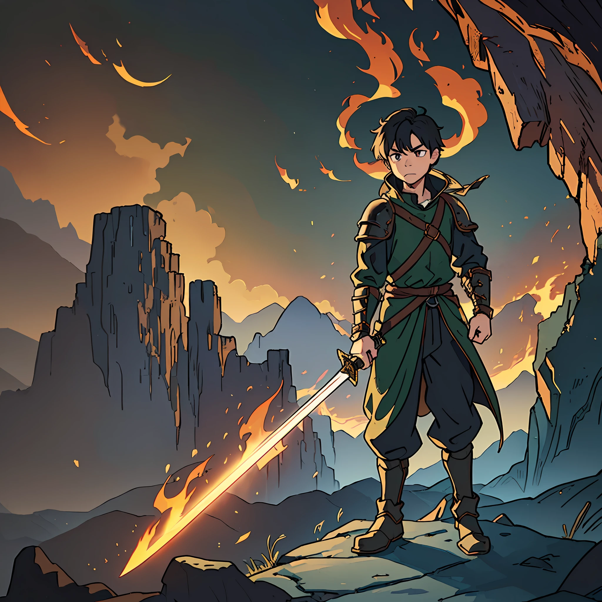 ((background, cave, engulfed in flames, medieval fantasy, distant view)), boy, black hair, leather armor, metal sword, distant view, holding a sword, rugged expression, boy, black hair, leather armor, iron shoulder rest, iron hand back, metal sword, boy's clothes are green, full body shot, fighting, german swordsmanship