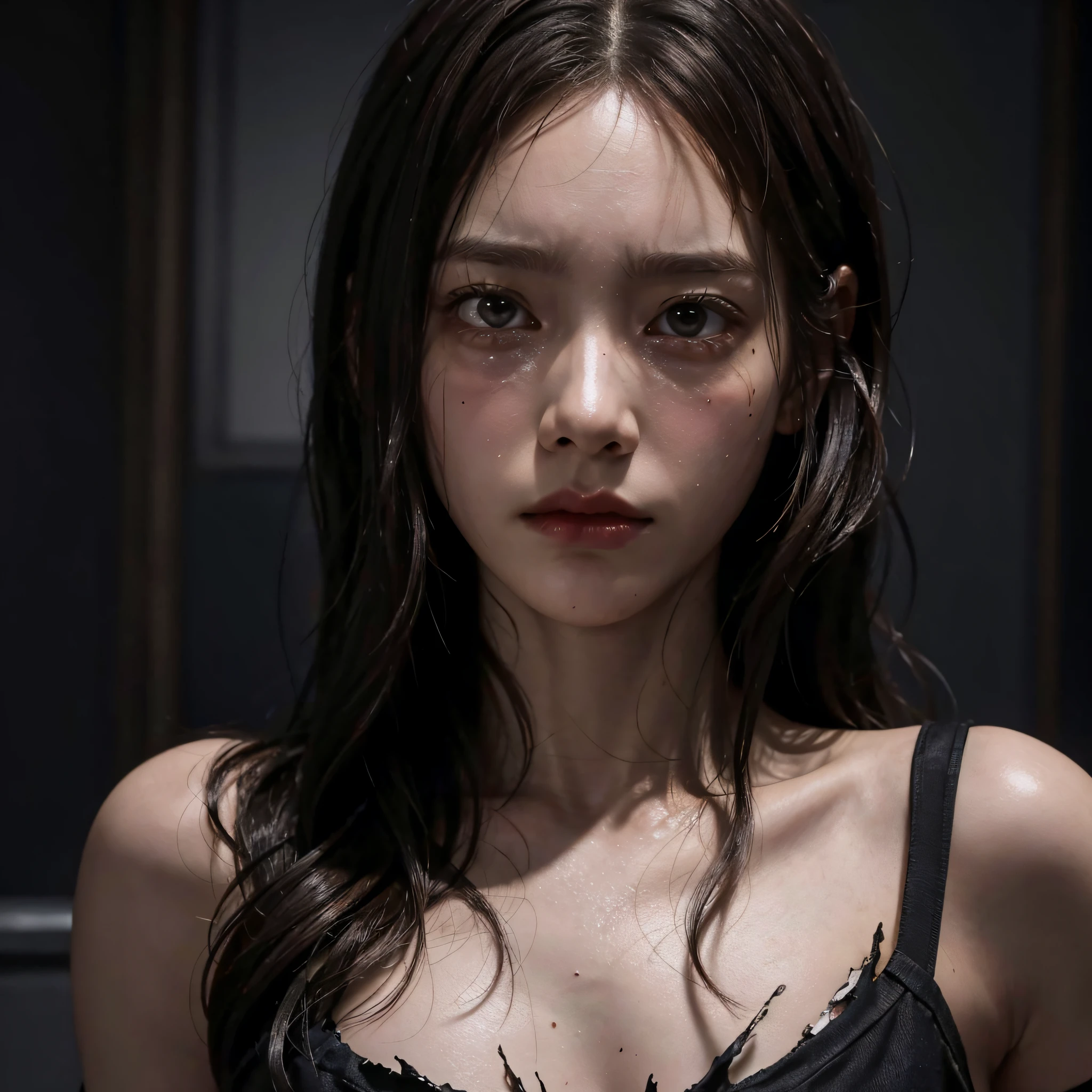 An intense and moody masterpiece of an extremely detailed CG unity 8k wallpaper showcasing a woman with a ripped and torn dress, messy curly hair, and an intense frightened expression, Crying, Begging, The low-key lighting adds to the atmospheric drama of the scene.
