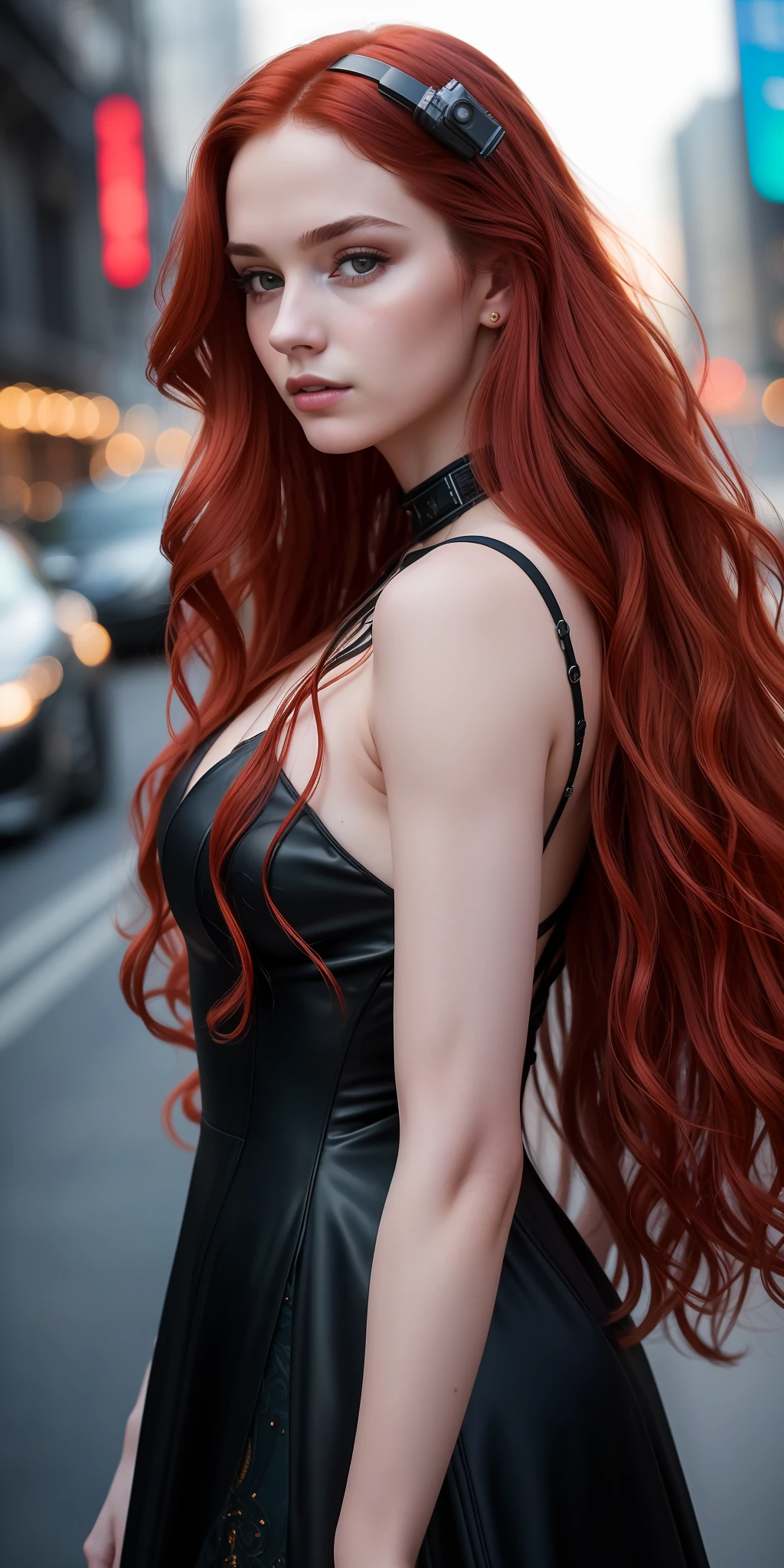 photo of a 25-year-old European girl, RAW, beautiful woman, (extra long wavy red hair), ((portrait)), ((detailed face: 1.2)), ((detailed facial features)), (finely detailed skin), pale skin, highly detailed deep neckline cyberpunk dress, megacity environment, (cool colors), damp, damp, reflections, (masterpiece) (perfect proportion)(realistic photo)(best quality) (detailed) photographed on a Canon EOS R5,   50mm lens, F/2.8, HDR, (8k) (wallpaper) (cinematic lighting) (dramatic lighting) (sharp focus) (intricate)