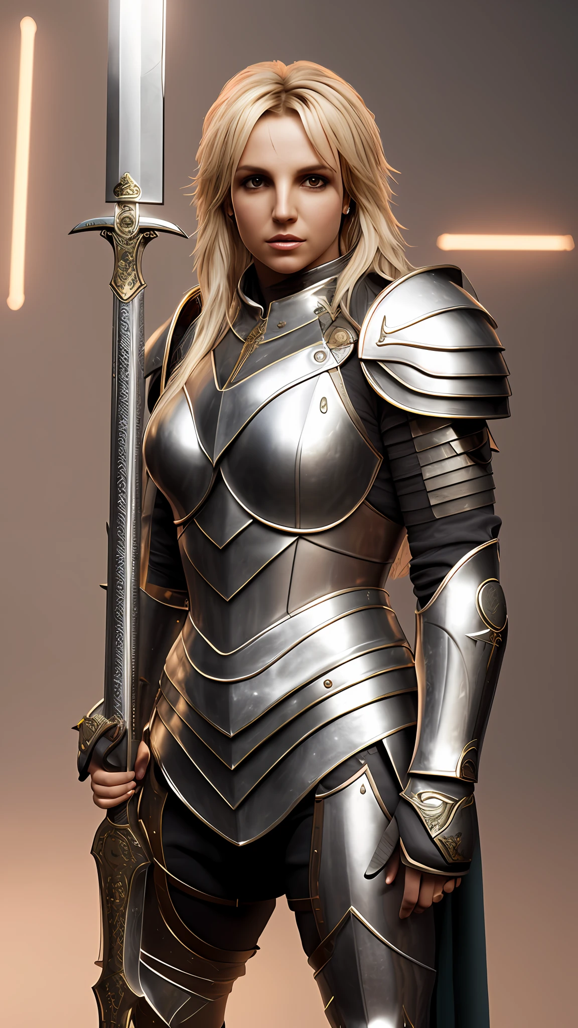 Britney Spears, female roman armor, holding a sword, photography, soft lighting, soft details, octane, trend artstation, ultra high detail, ultra realistic, cinematic, 16k