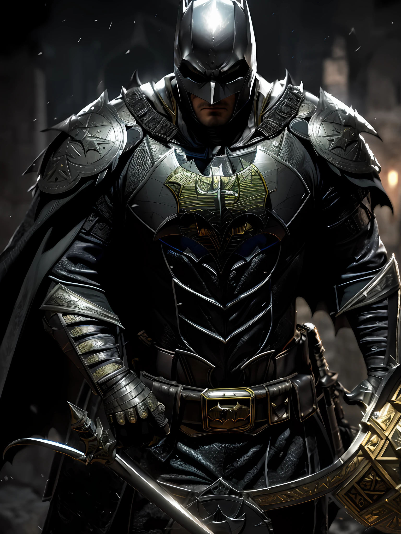 3D Rendering of a [Batman | KNIGHT] highly detailed using medieval armor of intricate detail with armored plates, HDR, 8k, subsurface scattering, specular light, high resolution, octane rendering, ray tracing