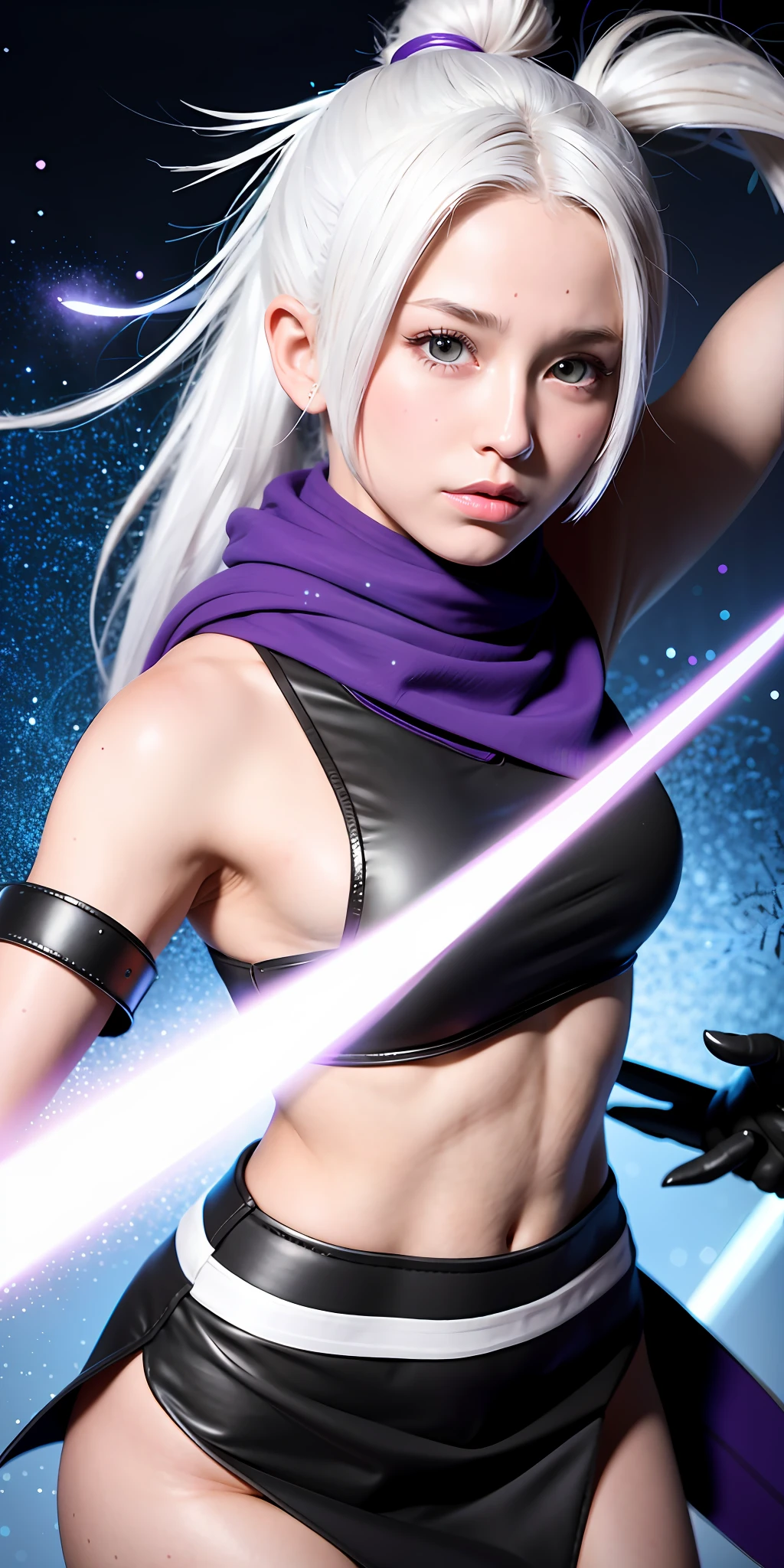 upper body, 1girl, white hair, ponytail, purple eyes, (ninja), short sword, medium breats ,scarf, wallpaper, magic circle background, light particles, blue fire,