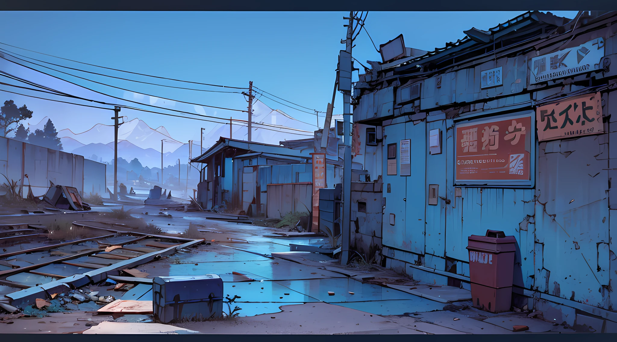 (scenery, no humans, outdoor, sky:1.2), masterpiece, best quality, beautiful face, 8k, absurdres, dirty and cracked concrete, rusty metal signs, abandoned square, street, cables, pole, rusty guardrails, empty boxes, damaged wall paint, oil Drum, broken window, some garbage on the ground, rusty scrap, damaged sofa, from below, perspective, depth of field, HDR, (bleach bypass, ginnokoshi:0.8), cinematic lighting, professional lighting, very dark landscape shadows, high contrast, sharp focus, highres, photography, hyperrealistic, ultra detailed, sharp details, finely detail