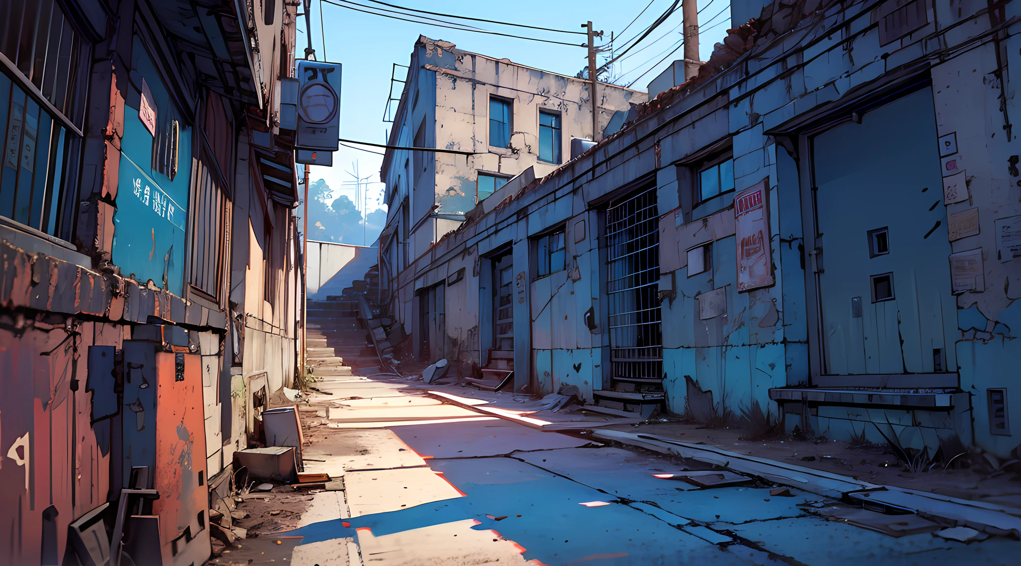 (scenery, no humans, outdoor, sky:1.2), masterpiece, best quality, beautiful face, 8k, absurdres, broken window, dirty and cracked concrete wall, rusty metal signs, abandoned square, cables, pole, rusty guardrails, empty boxes, damaged wall paint, (some garbage on the ground, rusty scrap, damaged sofa:0.8), from below, perspective, depth of field, HDR, (bleach bypass, ginnokoshi:0.8), cinematic lighting, professional lighting, very dark landscape shadows, high contrast, sharp focus, highres, photography, hyperrealistic, ultra detailed, sharp details, finely detail