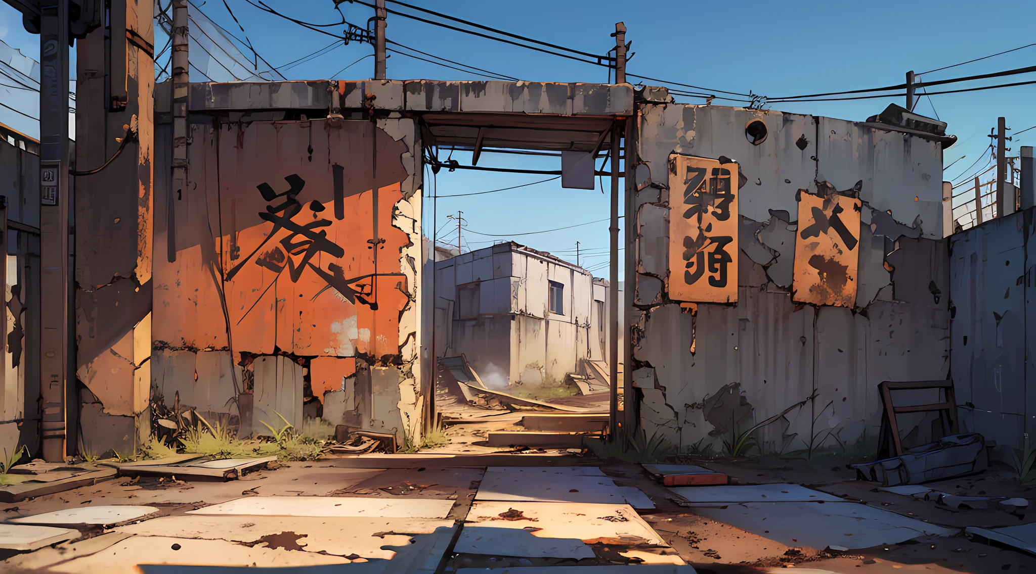 (scenery, no humans, outdoor, sky:1.2), masterpiece, best quality, beautiful face, 8k, absurdres, (rusty metal signs:1.2), broken window, dirty and cracked concrete wall, abandoned square, cables, pole, rusty guardrails, empty boxes, damaged wall paint, (some garbage on the ground, rusty scrap, damaged sofa:0.8), from below, perspective, depth of field, HDR, (bleach bypass, ginnokoshi:0.8), cinematic lighting, professional lighting, very dark landscape shadows, high contrast, sharp focus, highres, photography, hyperrealistic, ultra detailed, sharp details, finely detail