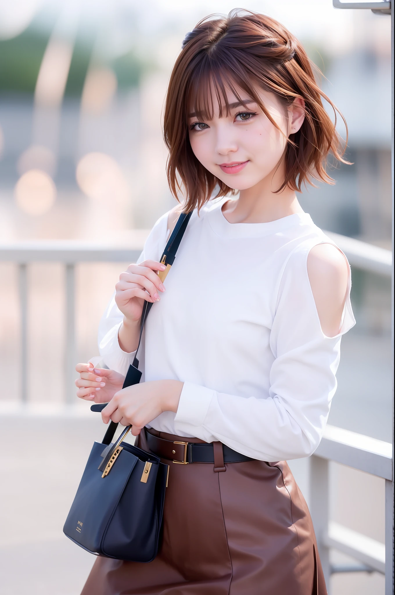 (skin blemish:1.2), (skindentation), black eye, 1woman, 25yo, (((woman))), solo, realistic, best quality, photorealistic, masterpiece, 8k, high res, solo, extremely detailed face, (professional lighting, bokeh), (light particles, lens flare, glowing particles:0.6), (dynamic pose:1.2), soft lighting, top angle view, fashionable and trendy atmosphere, japan, street, city, tokyo, harbour, ((daytime)), sky, ((looking at the viewer:1)), (looking at the camera),(portrait:0.6), cowboy shot, gorgeous, standing, keep original facial proportion, wide shoulder, full body, (small breast), (short hair), brown hair, floating hair, lips, lipstick, seductive smile, floating hair, smile, open_mouth, teeth, (sleeves less white blouse), (jumper skirt), eyelashes, mole, (mole under eye:1),