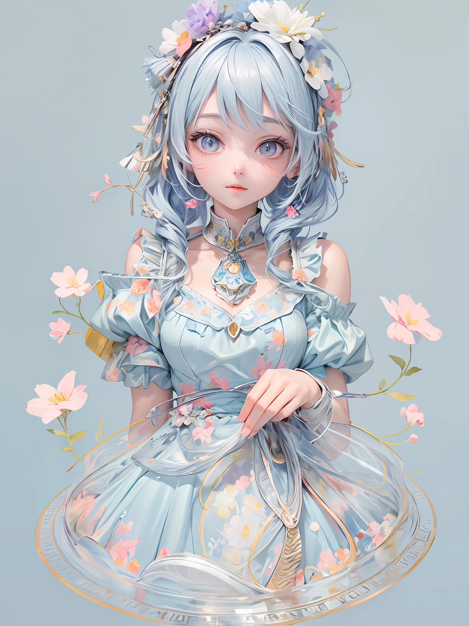 Masterpiece, best quality, official art, 8k wallpaper, very detailed, illustration, 1 girl, sky blue hair, floral dress,