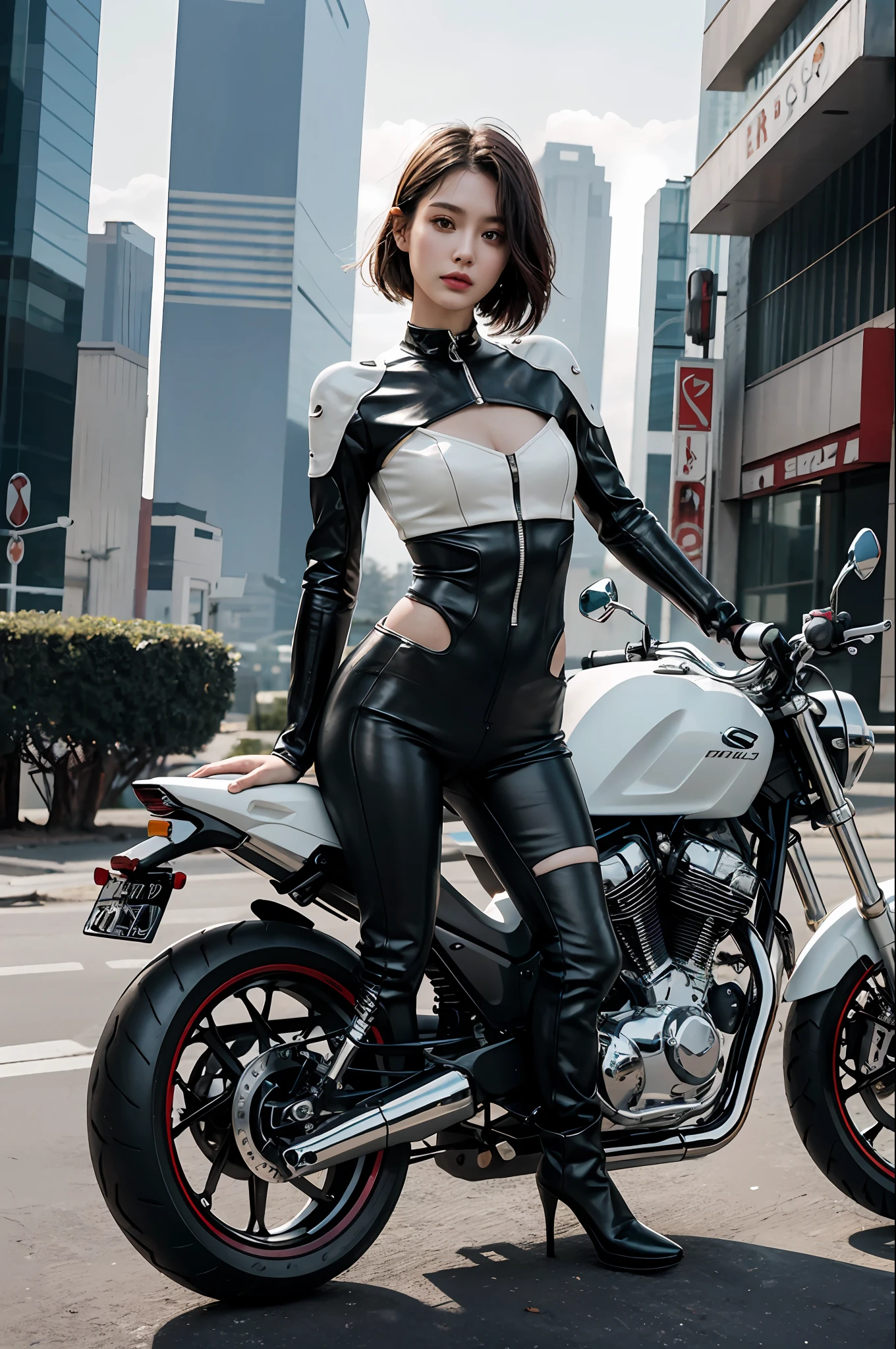 Top quality, delicate face, ((full body)), 30-year-old woman, slim body, metal body, special equipment, exclusive motorcycle, suburban SC, (((outdoor)), weightless attitude, air, small bust, cyberpunk, sci-fi