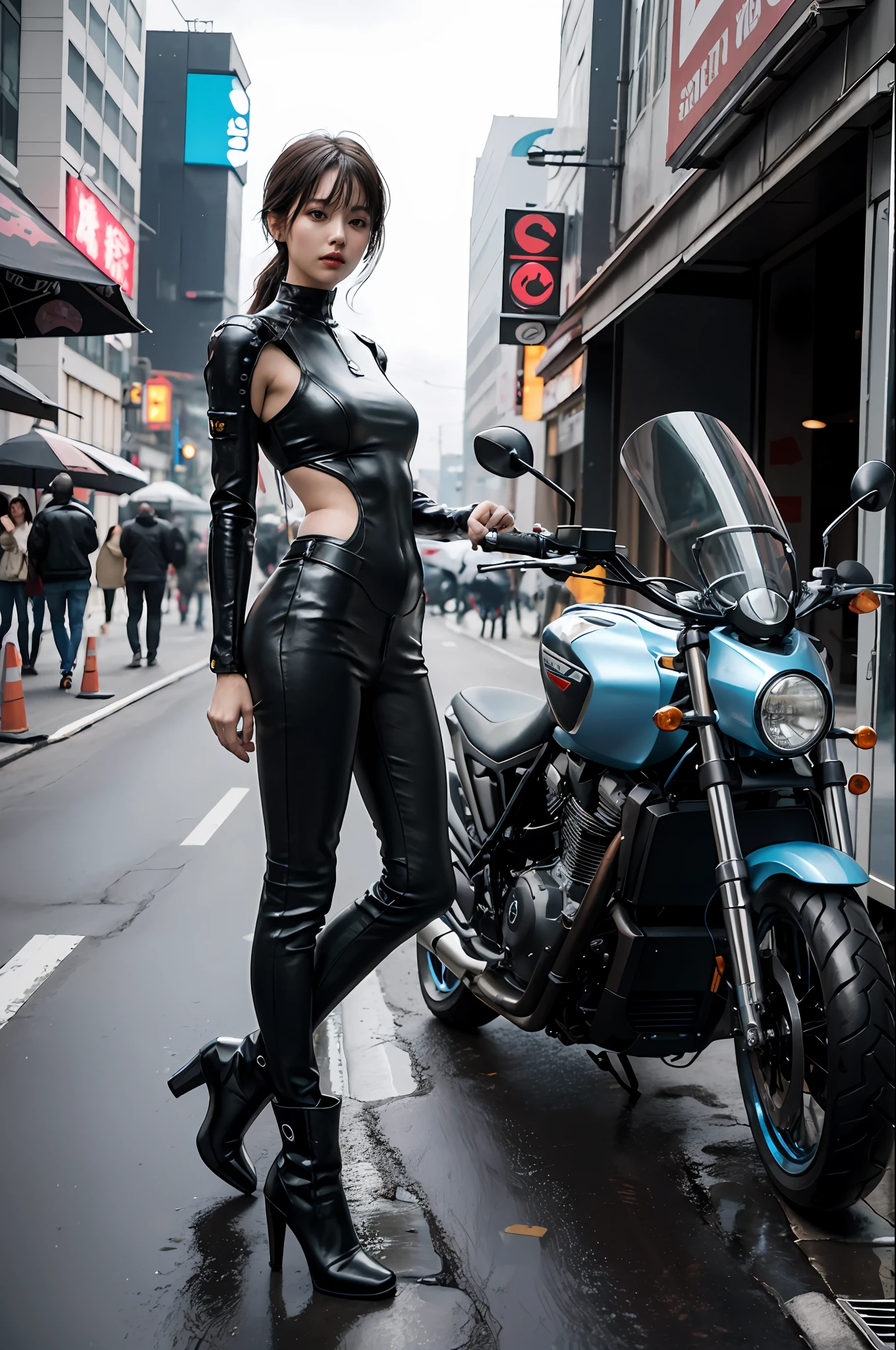 Top quality, delicate face, ((full body)), 30-year-old woman, slim body, metal body, special equipment, exclusive motorcycle, suburban SC, (((outdoor)), weightless attitude, air, small bust, cyberpunk, sci-fi