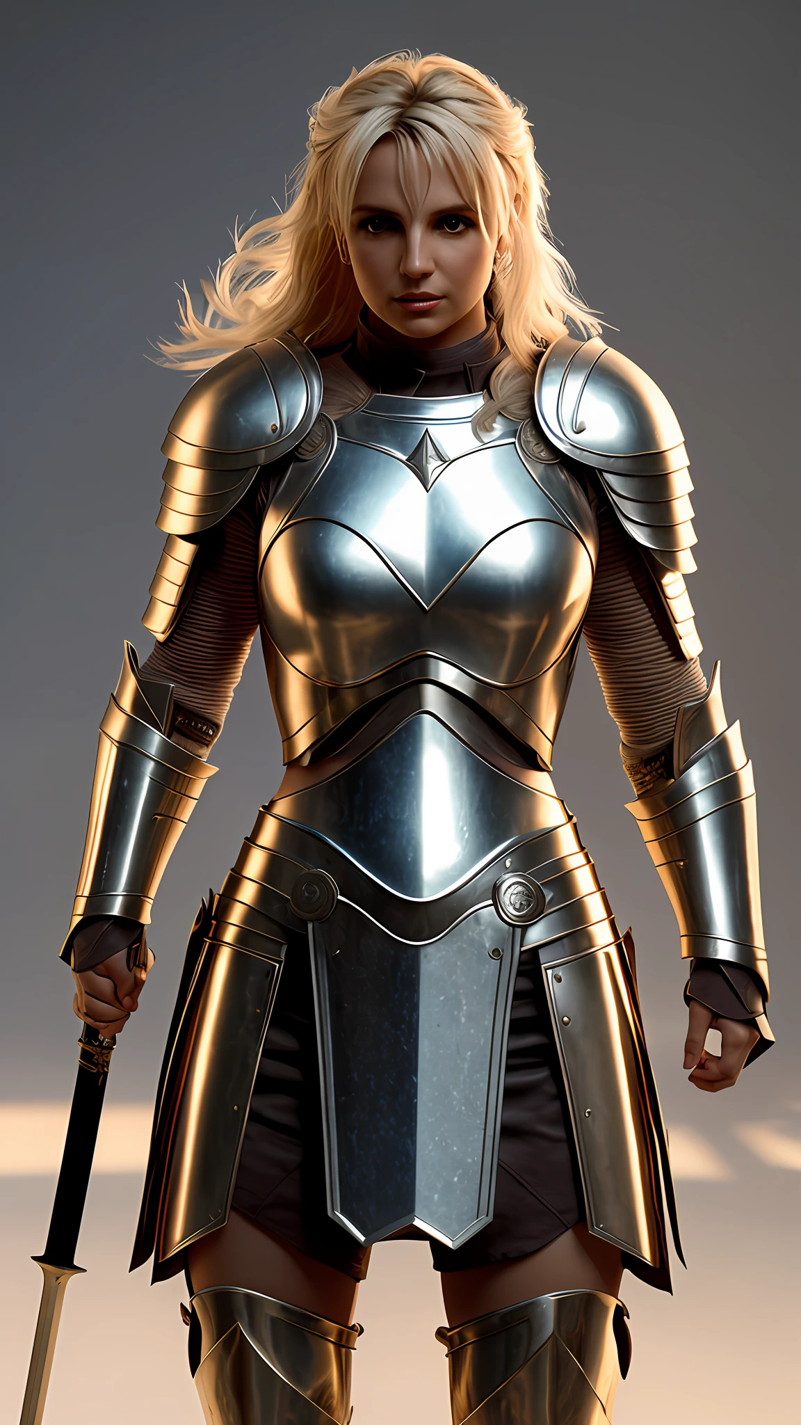 Britney Spears, female roman armor, holding a sword, photography, soft lighting, soft details, octane, trend artstation, ultra high detail, ultra realistic, cinematic, 16k