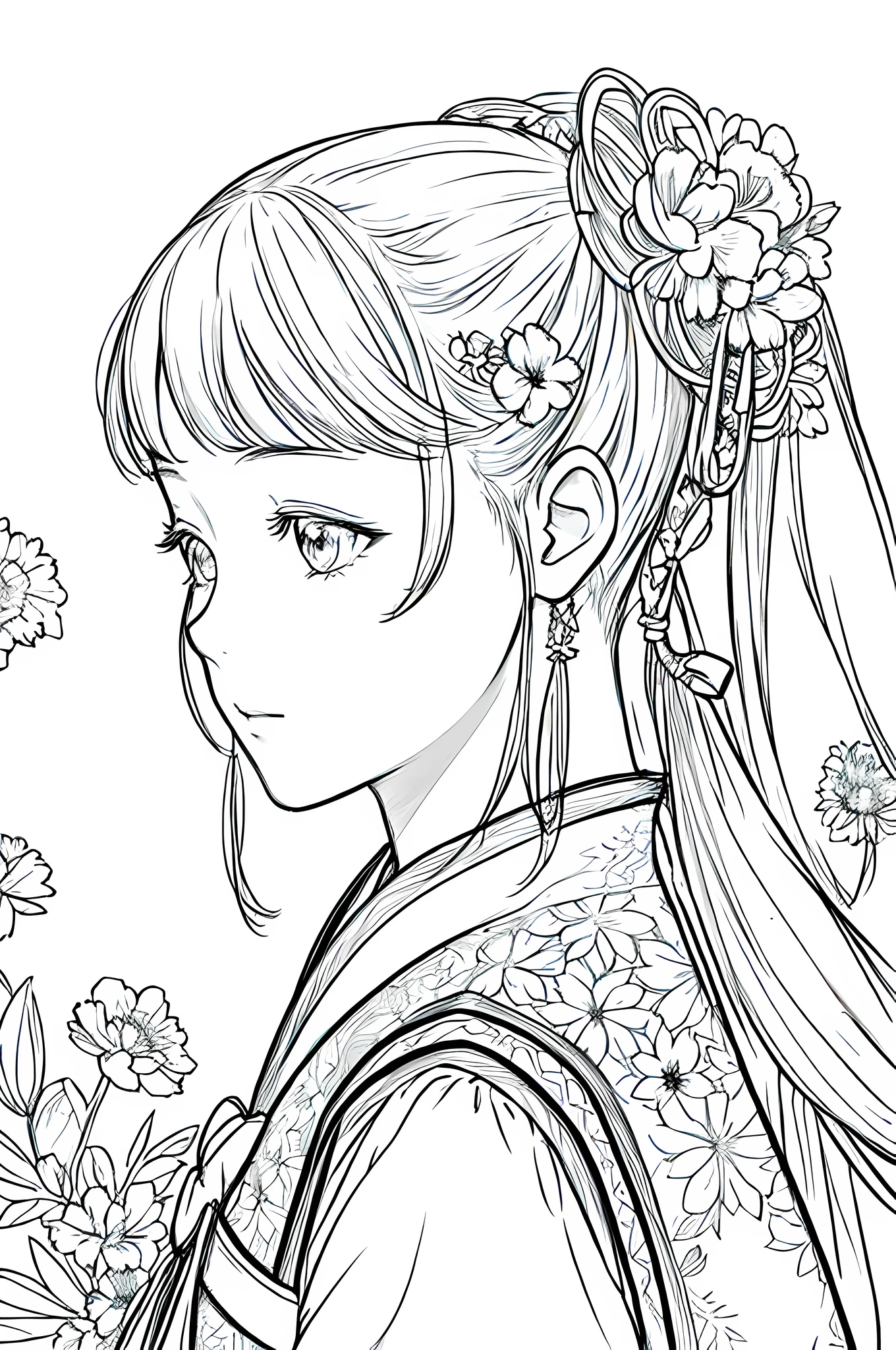 masterpiece, acura, 1girl, solo, hanfu, bow hair, profile portrait closeup, flower line drawing background, white background, monochrome, line drawing, ((sketch))