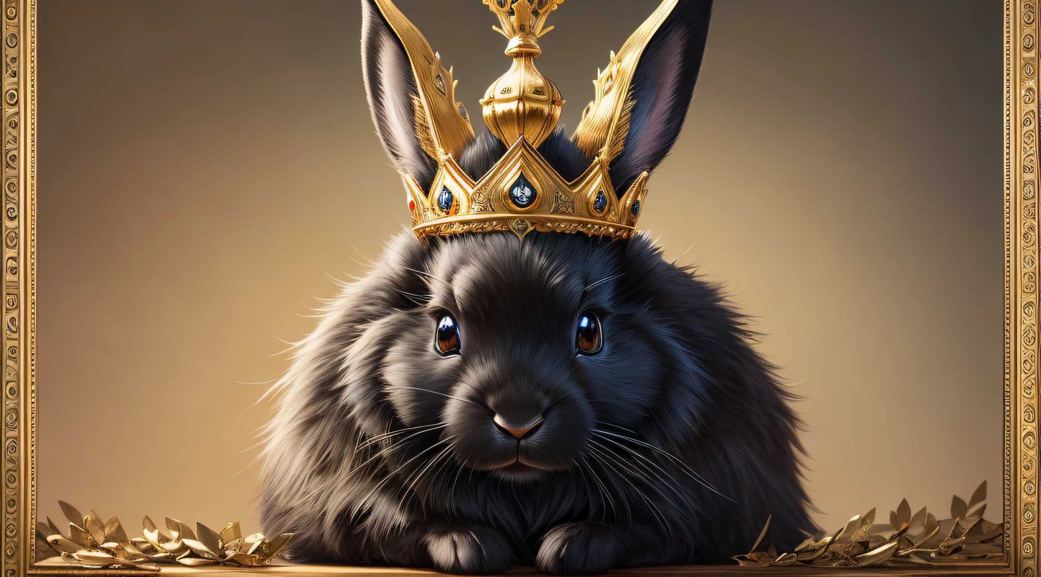 Picture of a black rabbit with a crown with a gold crown on its head, ultra-realistic illustration, 4k detailed fantasy, rabbit warrior, detailed painting 4k, realistic illustration, royal portrait, heather toyler, surreal illustration, highly detailed 4k art, artistic 4k, anthropomorphic rabbit --auto --s2