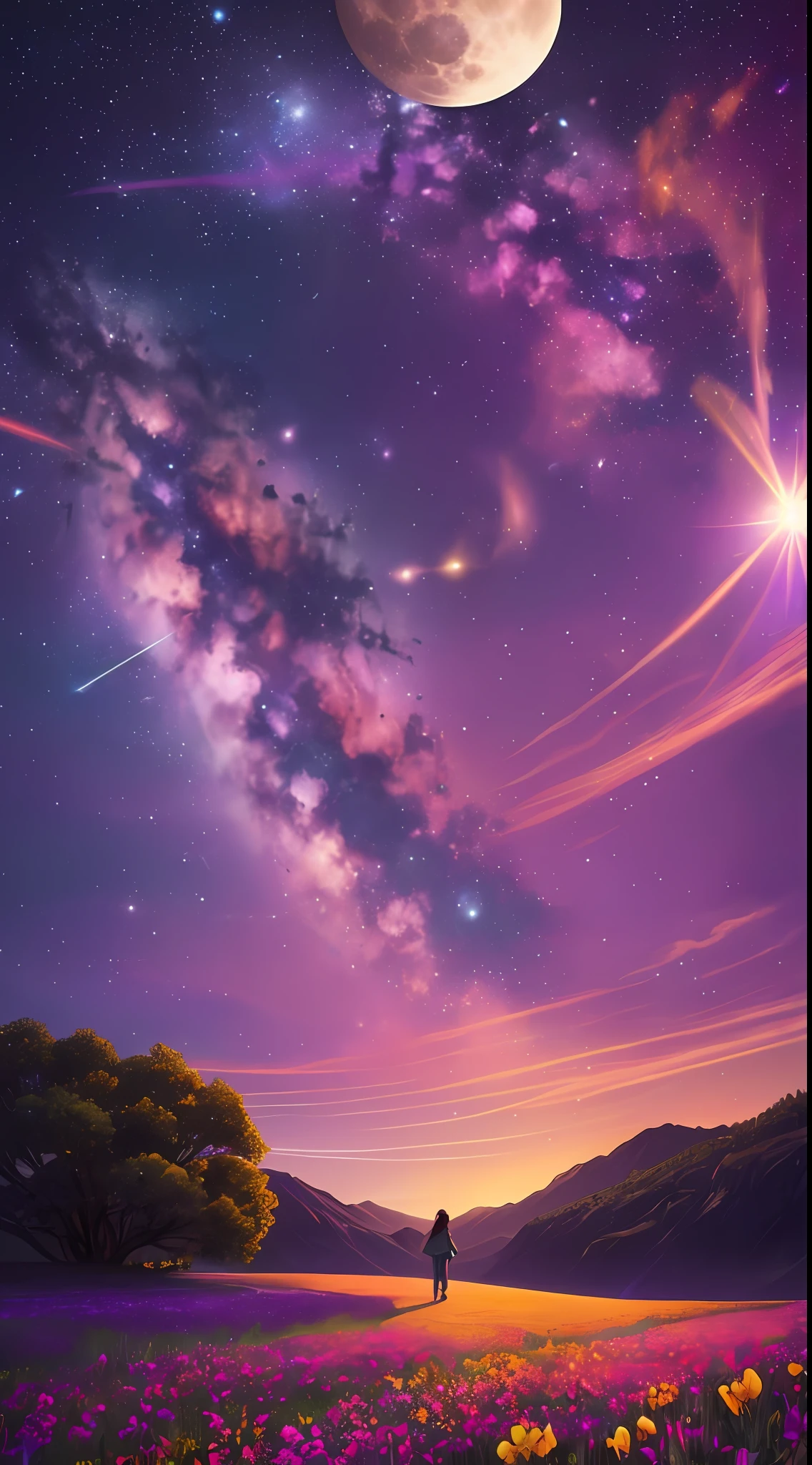 expansive landscape photograph , (a view from below that shows sky above and open field below), a girl standing on flower field looking up, (full moon:1.2), ( shooting stars:0.9), (nebula:1.3), distant mountain, tree BREAK
production art, (warm light source:1.2), (Firefly:1.2), lamp, lot of purple and orange, intricate details, volumetric lighting, realism BREAK
(masterpiece:1.2), (best quality), 4k, ultra-detailed, (dynamic composition:1.4), highly detailed, colorful details,( iridescent colors:1.2), (glowing lighting, atmospheric lighting), dreamy, magical, (solo:1.2) --auto --s2