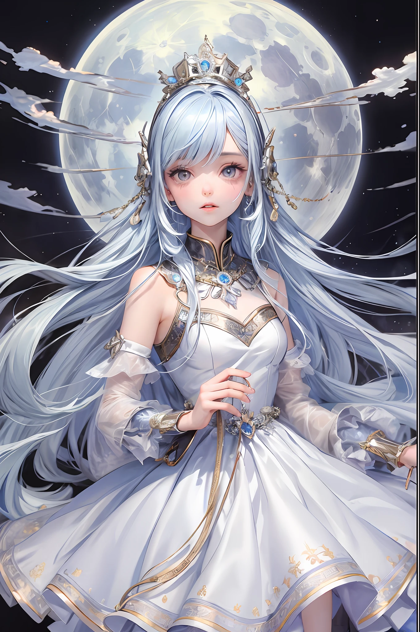 Masterpiece, best quality, official art, 8k wallpaper, very detailed, illustration, 1 girl, sky blue hair, dress, dress with pattern, night sky, sky full of stars, big moon