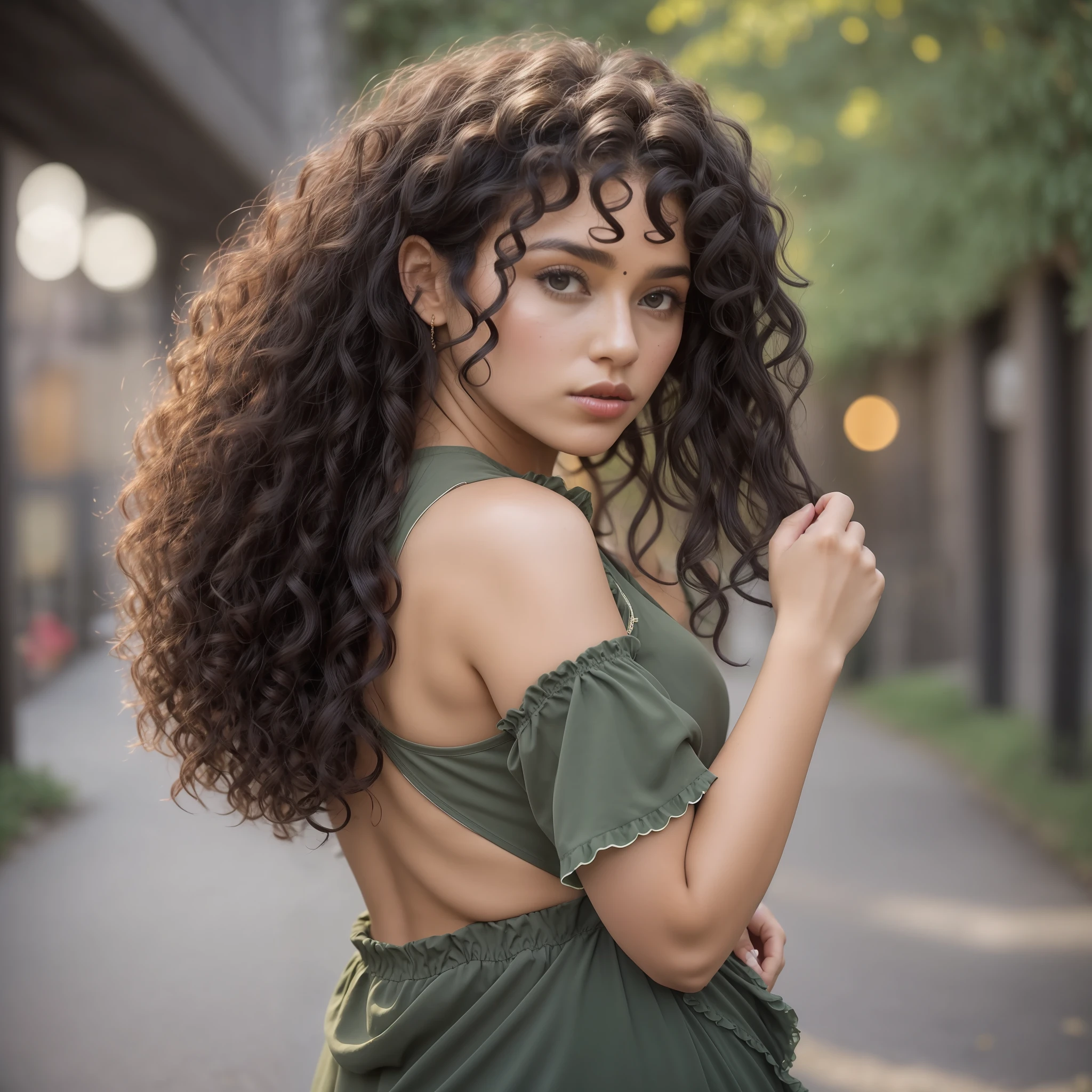arafed woman with curly hair and a green dress posing for a picture, curly haired, curly dark hair, curly black hair, long curly hair intricate, long dark curly hair, long black curly hair, black curly hair, long braided curly hair, long wild black curly hair, long curly hair, portrait shot, 7 0 mm portrait, black long curly hair, curls