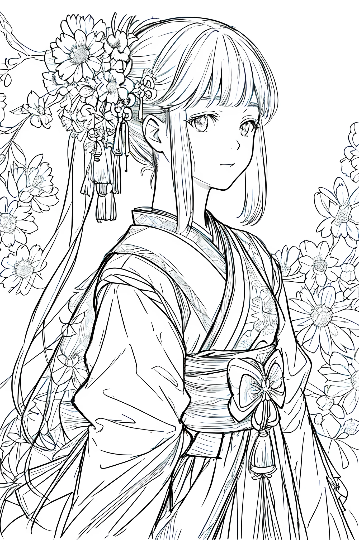 masterpiece, acura, 1girl, solo, hanfu, bow hair, profile portrait closeup, flower line drawing background, white background, monochrome, line drawing, ((sketch))
