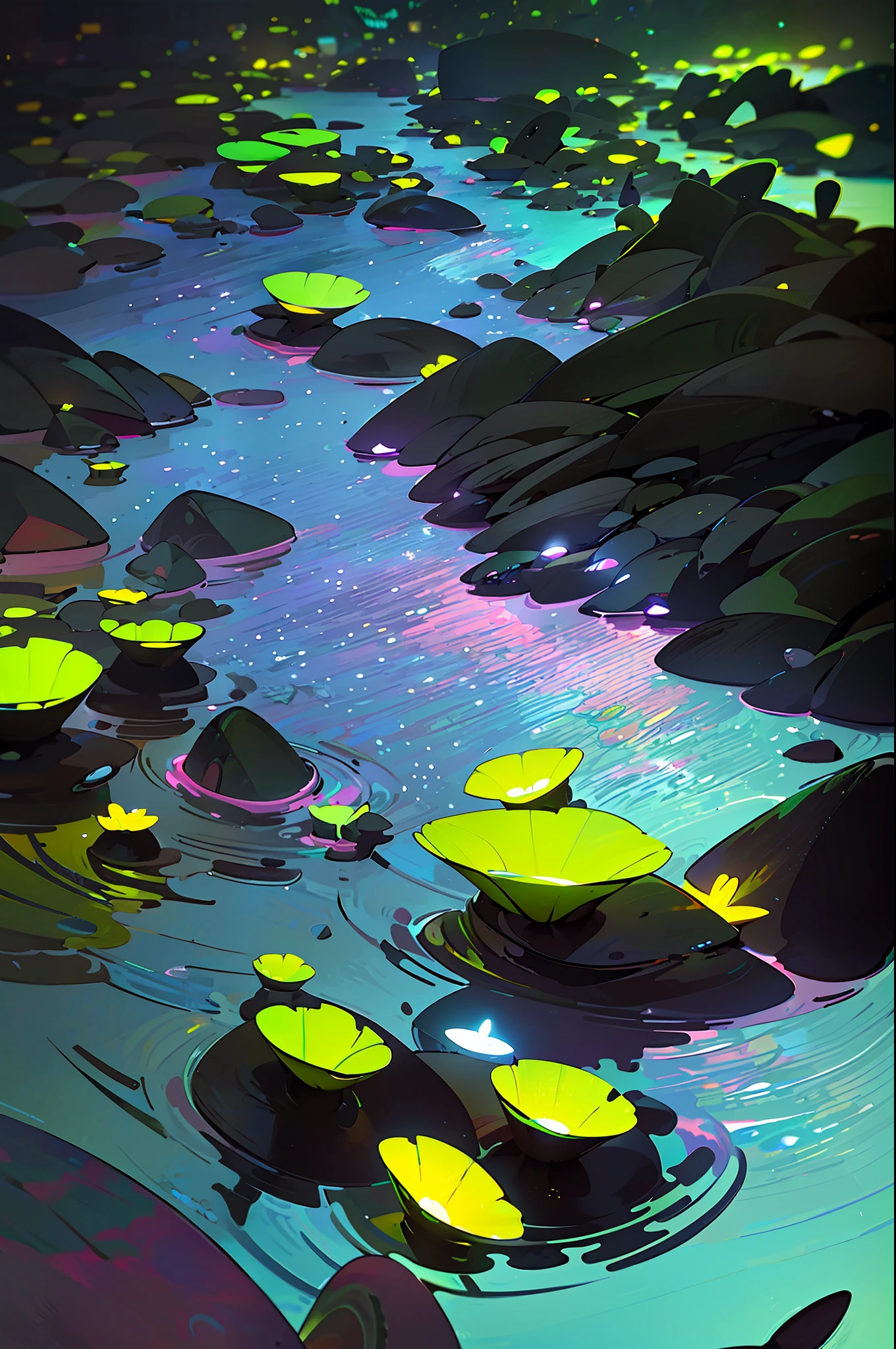 digital art, painting of a lake in surreal format, detailed, night, bioluminescence, 8k