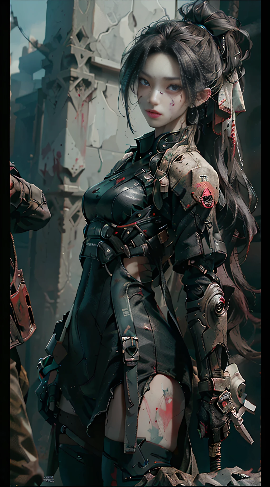 ((Best Quality)), ((Masterpiece)), (Details: 1.4), 3D, A Cyberpunk female figure wounded on the battlefield, HDR (High Dynamic Range), Battle Damage, Bloodstained Wounds on Face, Dirty Face, Face Covered with Wounds, Clothes Damaged, Cheongsam, Fierce Expression, Fierce, Big Red Lips, Green Eyes, Bleeding, Mechanical Gloves, Ray Tracing, NVIDIA RTX, Super-Resolution, Unreal 5, Subsurface Scatter, PBR Texture, Post-processing, Anisotropic Filtering, Depth of Field, Maximum Sharpness and Clarity, Multi-layer Texture, Albedo and Highlight Mapping, Surface Shading, Accurate Simulation of Light-Material Interactions, Perfect Proportions, Octane Render, Bicolor Light, Large Aperture, Low ISO, White Balance, Rule of Thirds, 8K RAW,