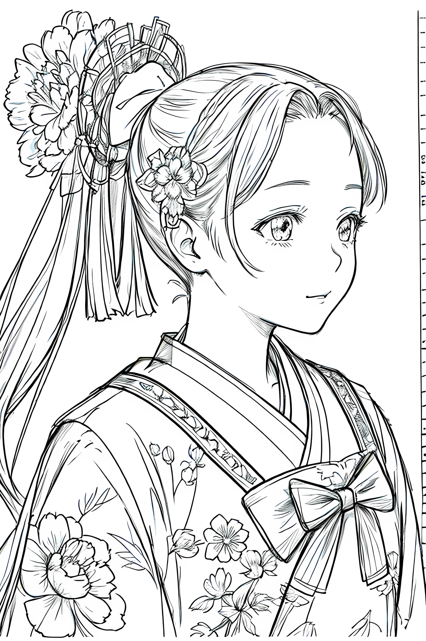 masterpiece, acura, 1girl, solo, hanfu, bow hair, profile portrait closeup, flower line drawing background, white background, monochrome, line drawing, ((sketch))