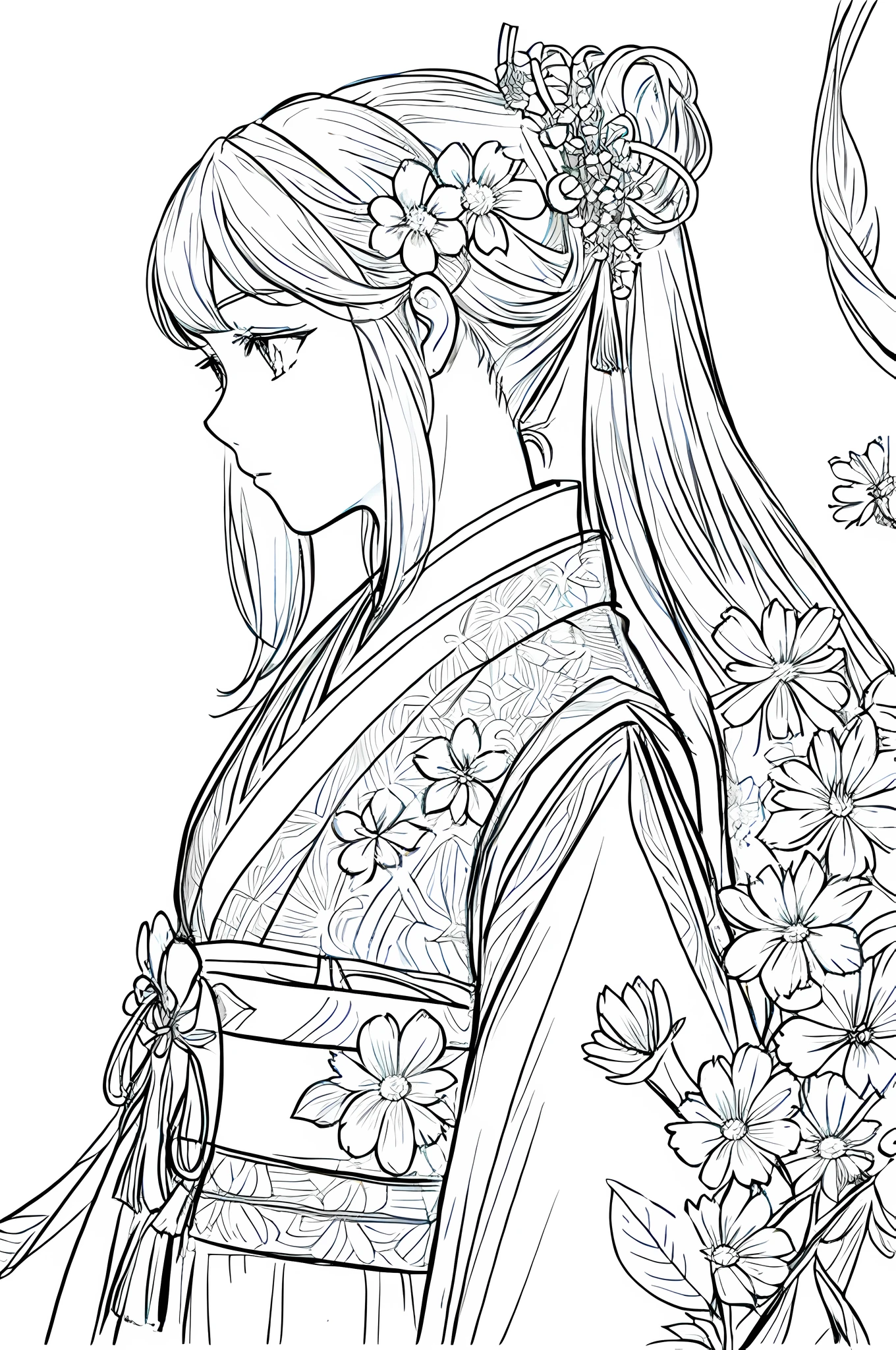 masterpiece, acura, 1girl, solo, hanfu, long hair, profile close-up, flower line drawing background, white background, monochrome, line drawing, ((sketch))