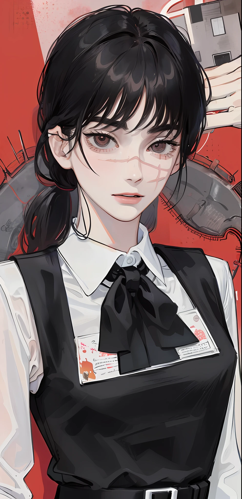 ((masterpiece, best quality)), (1girl), (solo), (female focus), Yoru\(chainsaw man\),(very detailed face, real image, realistic skin, realistic body, intricate details), upper body, dark eyes, bandages over the body, black hair, hair tied, far sleeve shirt, pinaphore dress, black tie, bandages, blood, bandages, blood, blood, small breasts, classroom, students, Blur background