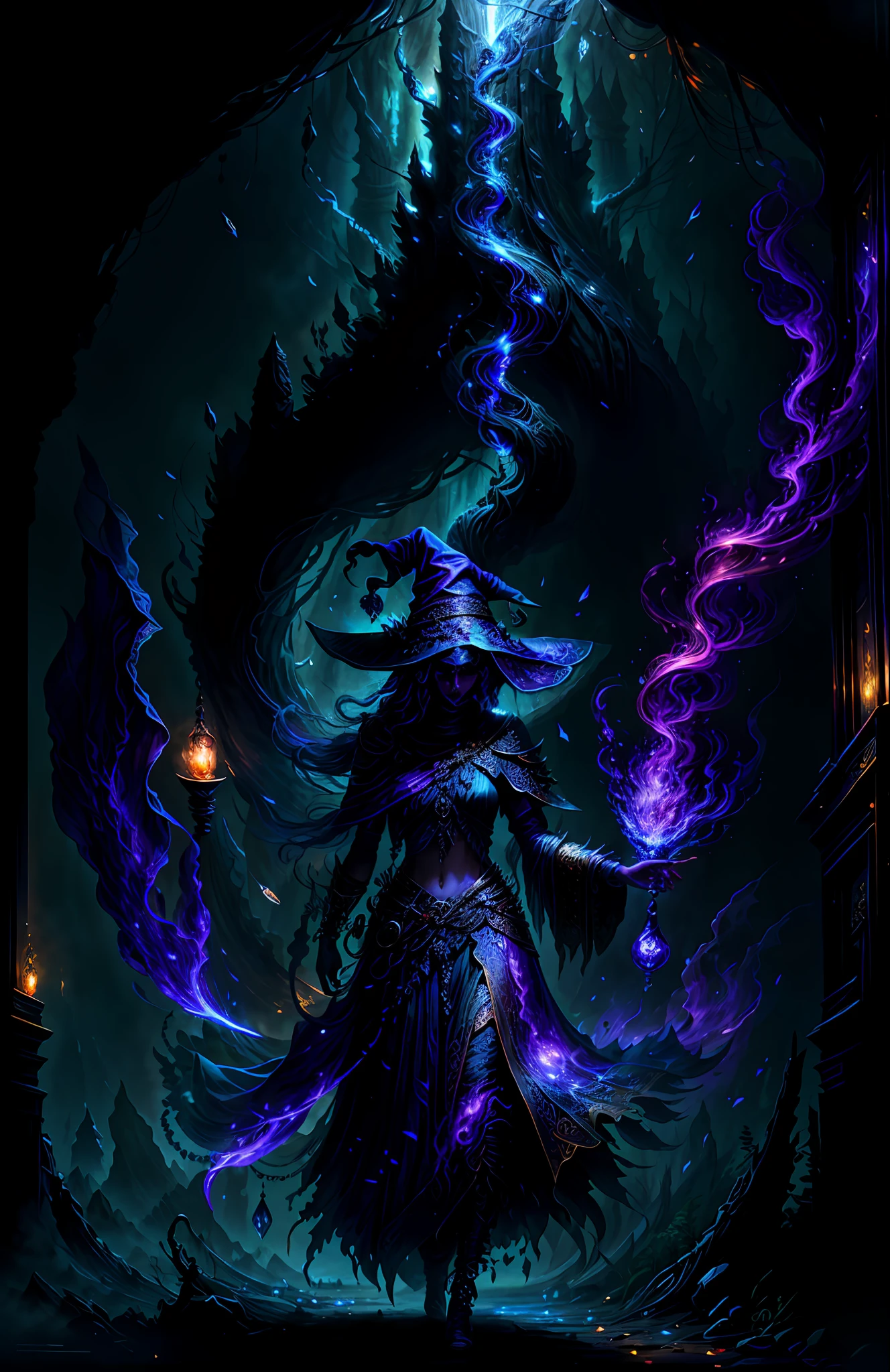 full body photo of the most beautiful artwork in the world, illustration, cinematic light, fantasy, high resolution, high quality, ultra detailed, best quality, masterpiece, (detailed face), Indian woman wears a shirt and full body (torn) (transparent galaxy) cloth coat, floating cloth, choker, bright forest plants (oldest underworld fantasy) with neon details, open shoulders, small shiny butterfly, hair jewelry, wearing a torn witch hat, (body focus: 1.25), night, small mutant animals in the background, torn miniskirt, a potion on the hip, shoulder pads emitting magical energy, cameltoe, dark, light reflection