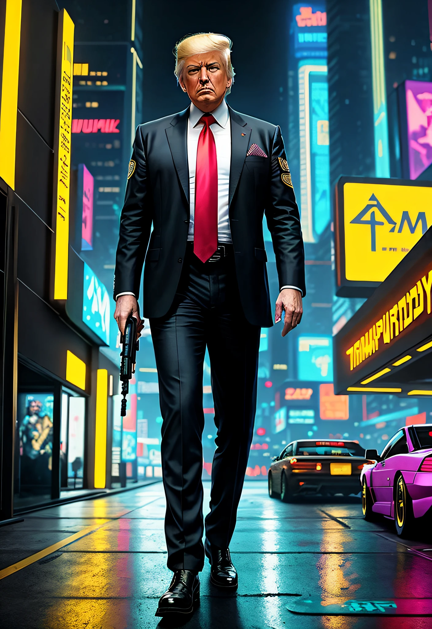 a painting of a Donald Trump, background, style of cyberpunk 2077, band of gold round his breasts