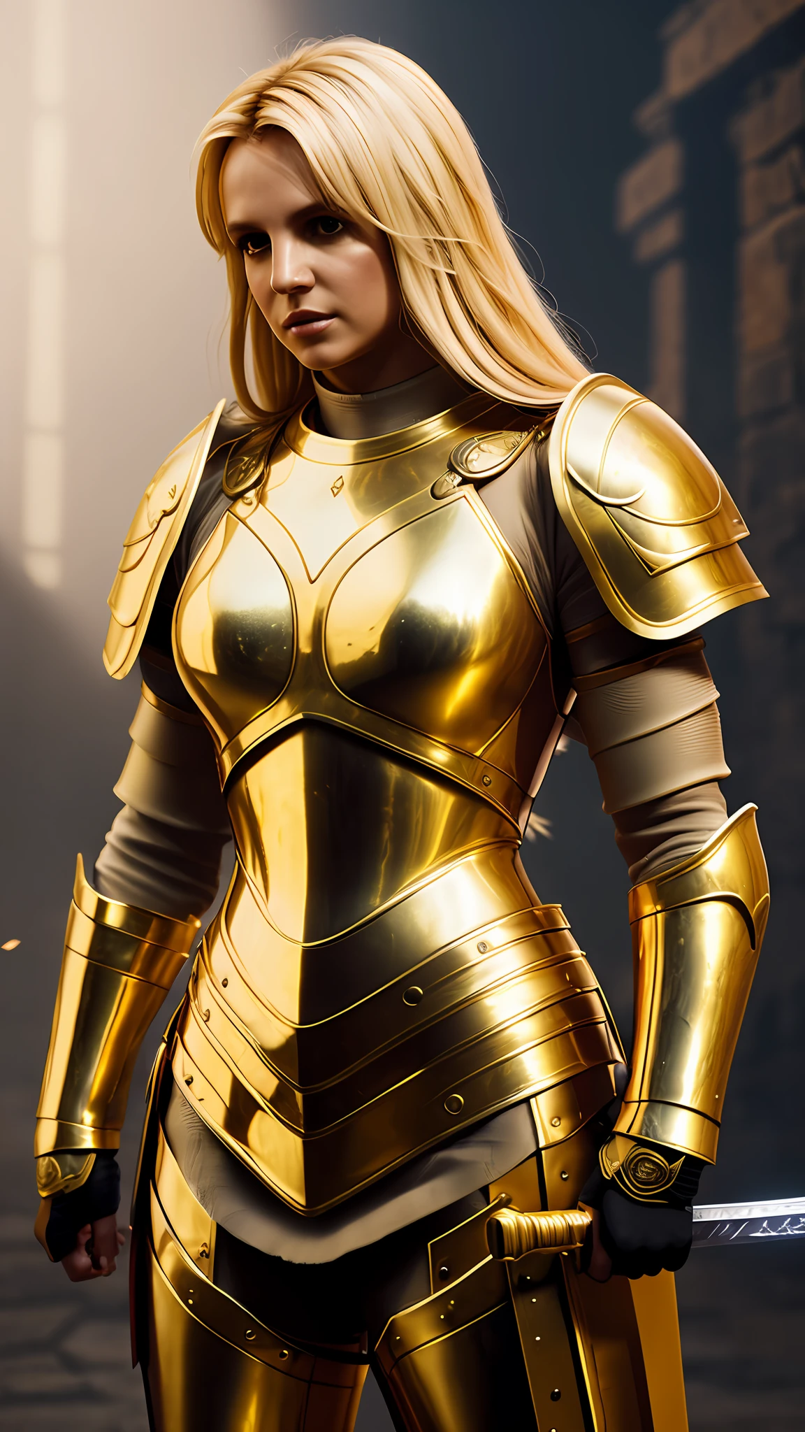Britney Spears, golden female roman armor, holding a sword, photography, soft lighting, soft details, octane, trend artstation, ultra high detail, ultra realistic, cinematic, 16k