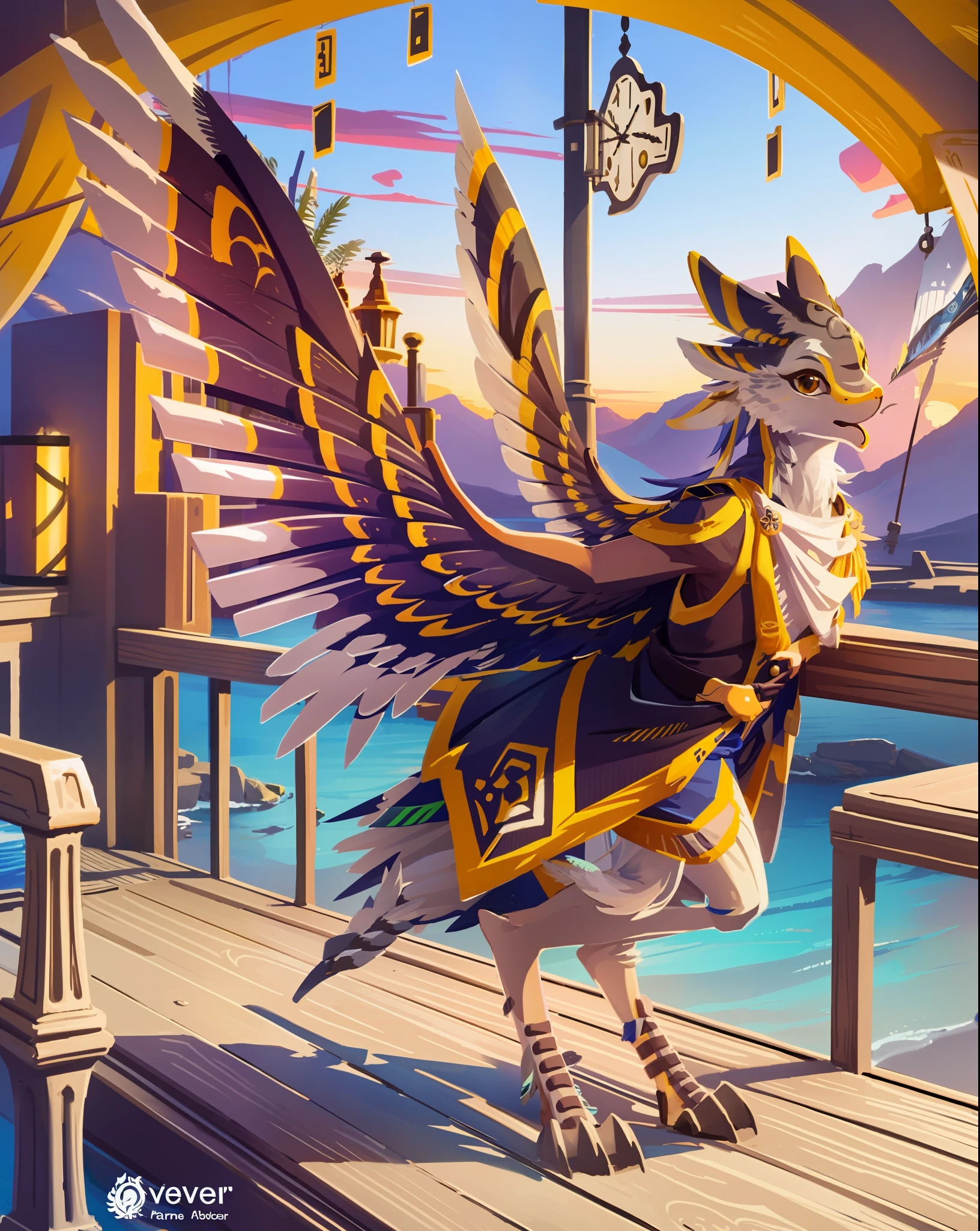 (highly detailed illustration:1.2), best quality, masterpiece, solo, full body, avali, avian, feathers, detailed feathers, detailed face, detailed eyes, yellow eyes, orange primary feathers, grey secondary feathers, arm wings, avali tail, fluffy chest, feathery chest, furry, anthro, furry art, walking upright, on a dock, avali style vest, sail boat background, dock background, orange fur, orange pattern on feathers, 2 legs, 2 arm wings