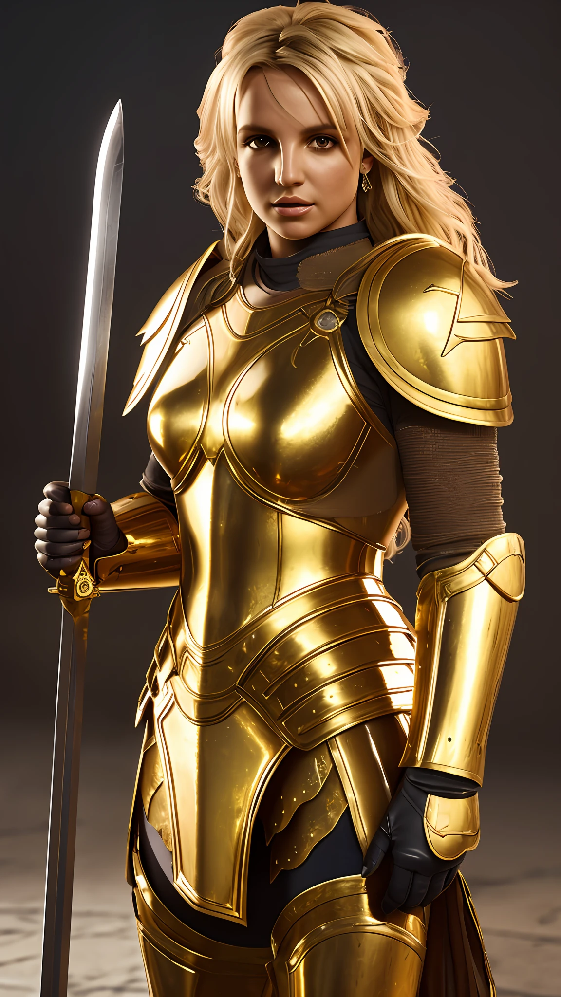 Britney Spears, golden female roman armor, holding a sword, photography, soft lighting, soft details, octane, trend artstation, ultra high detail, ultra realistic, cinematic, 16k