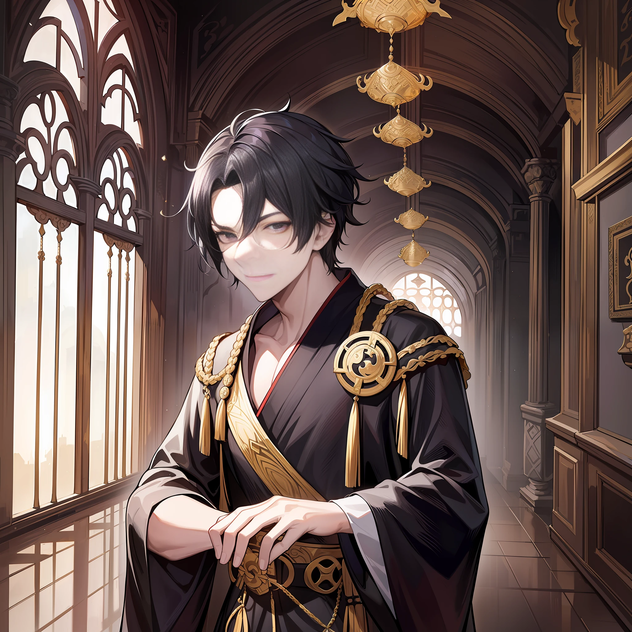A young man in a black costume stood in a palace, wearing a plain Taoist robe, his face was solemn and solemn, he looked deep and kind, holding a sword in his hand, he was teaching martial arts and morality to his disciples, his eyes were shining, the scenery was picturesque, and he looked quiet and peaceful