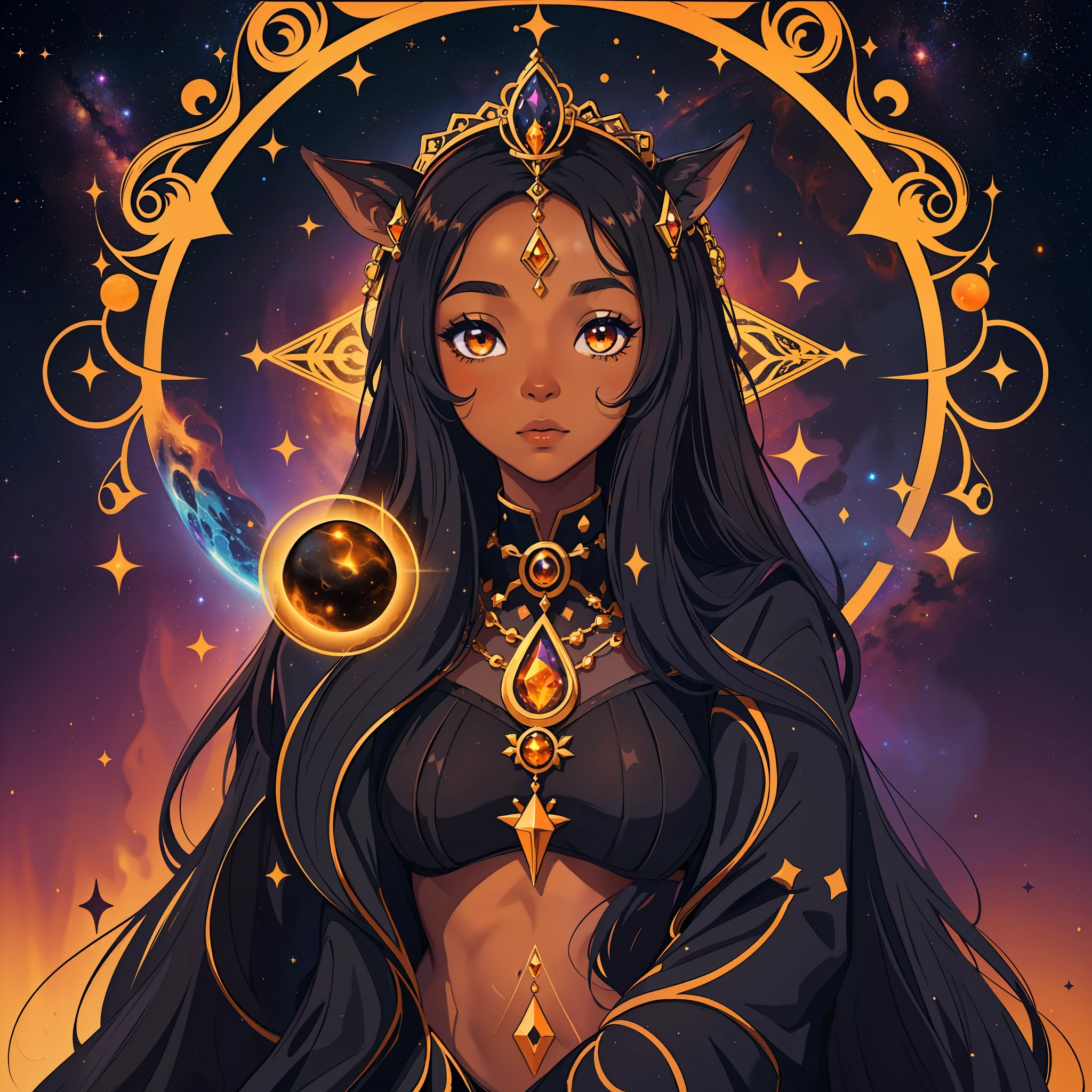 create a black princess with unique characteristics, inspired by the sign of Capricorn and the cosmological stars An artistic representation of the essence of this sign, with striking features and a mysterious aura, leave in evidence traces and use mystical tones and orange colors, leave in evidence the earth element that represents the sign of Capricorn