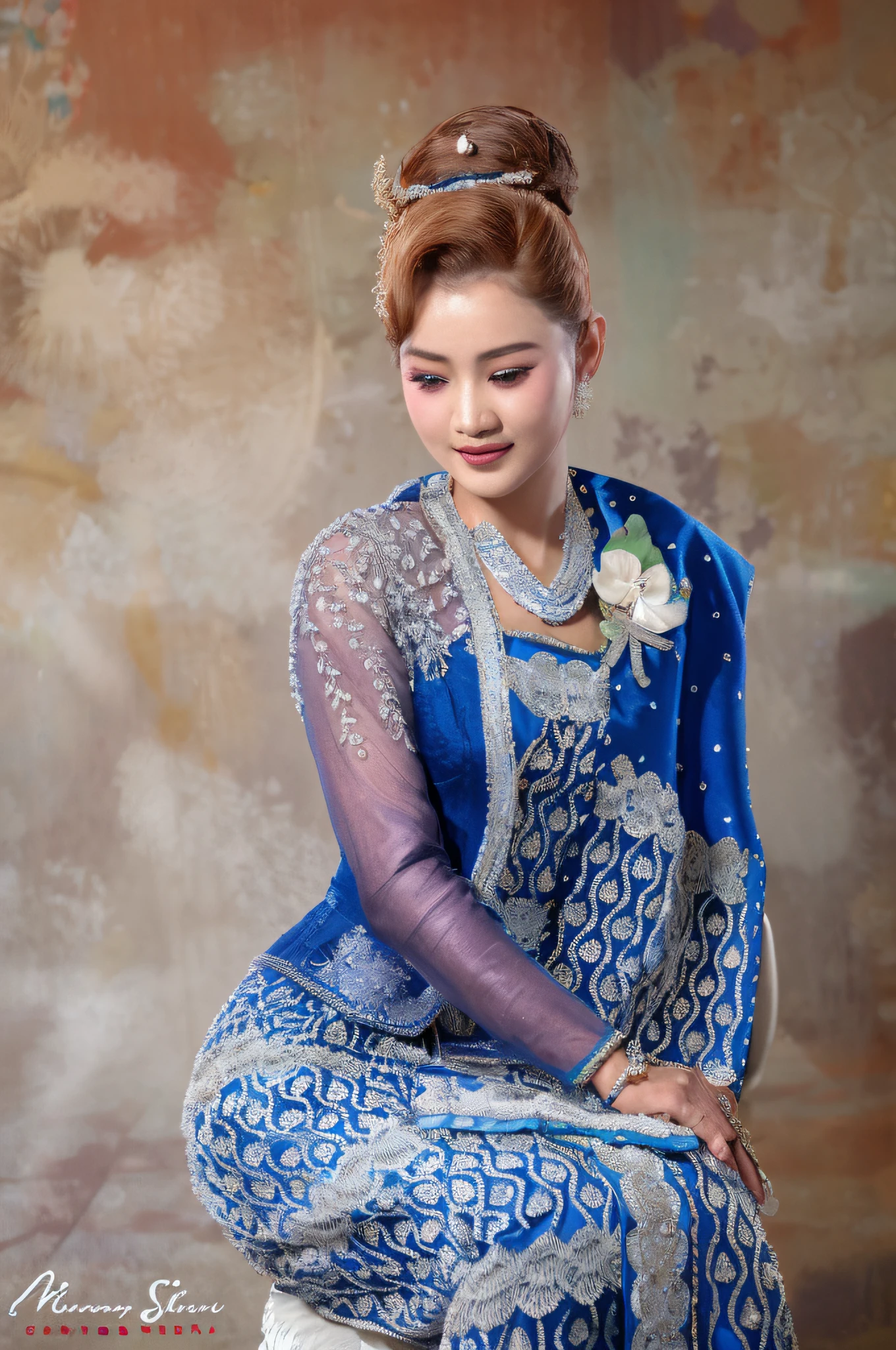 arafed woman in a blue dress sitting on a stool, sukhothai costume, traditional beauty, south east asian with long, traditional dress, blue colored traditional wear, wearing traditional garb, portrait shot, in style of thawan duchanee, portrait image, traditional clothes, traditional clothing, wearing ornate clothing, royal elegant pose, nivanh chanthara