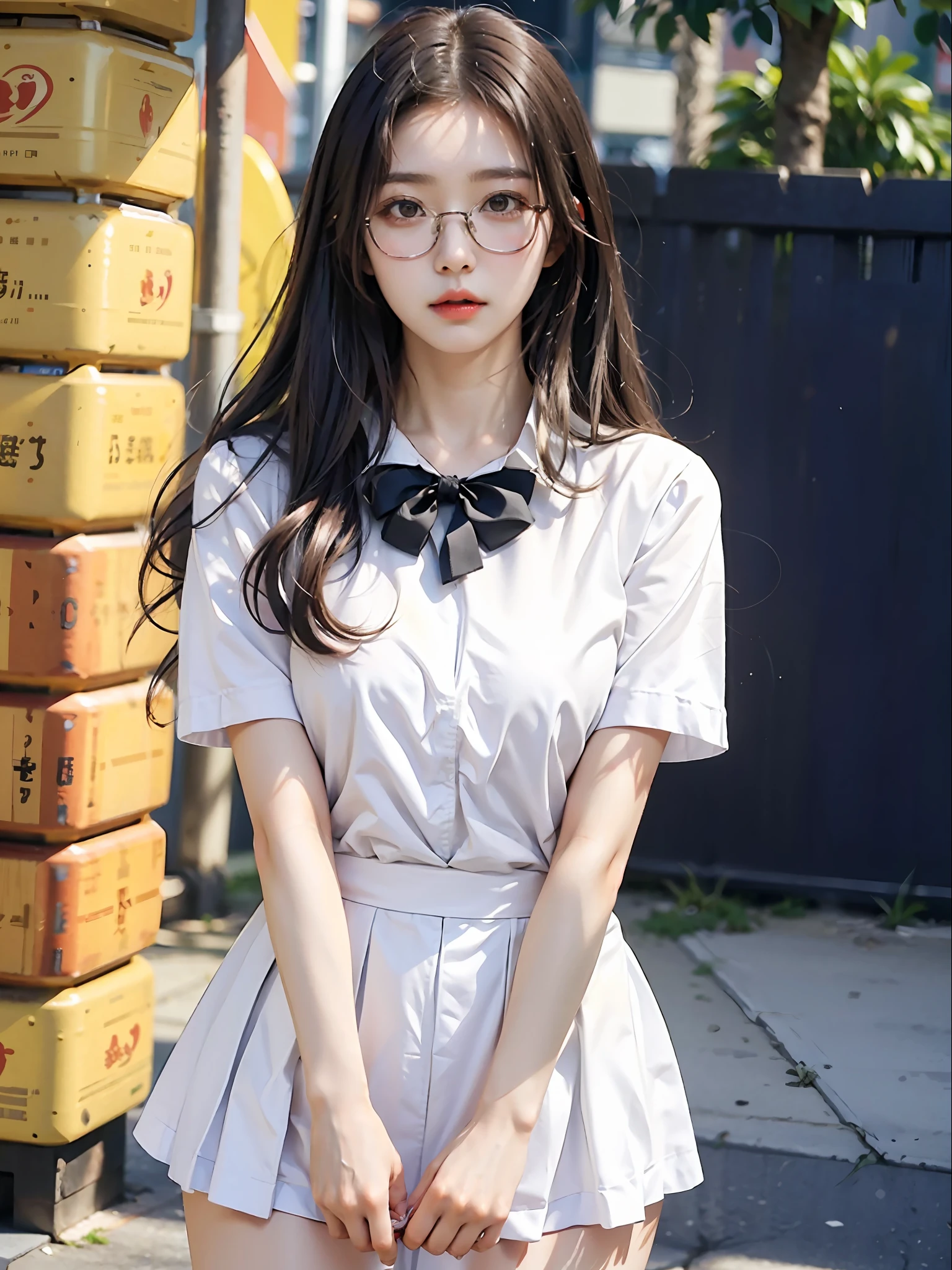 Kazeki Sasaki Girl Wen Jing wearing glasses Flat face Fair skin White shirt Short skirt Bust bust Street scene Posture bent over sexy